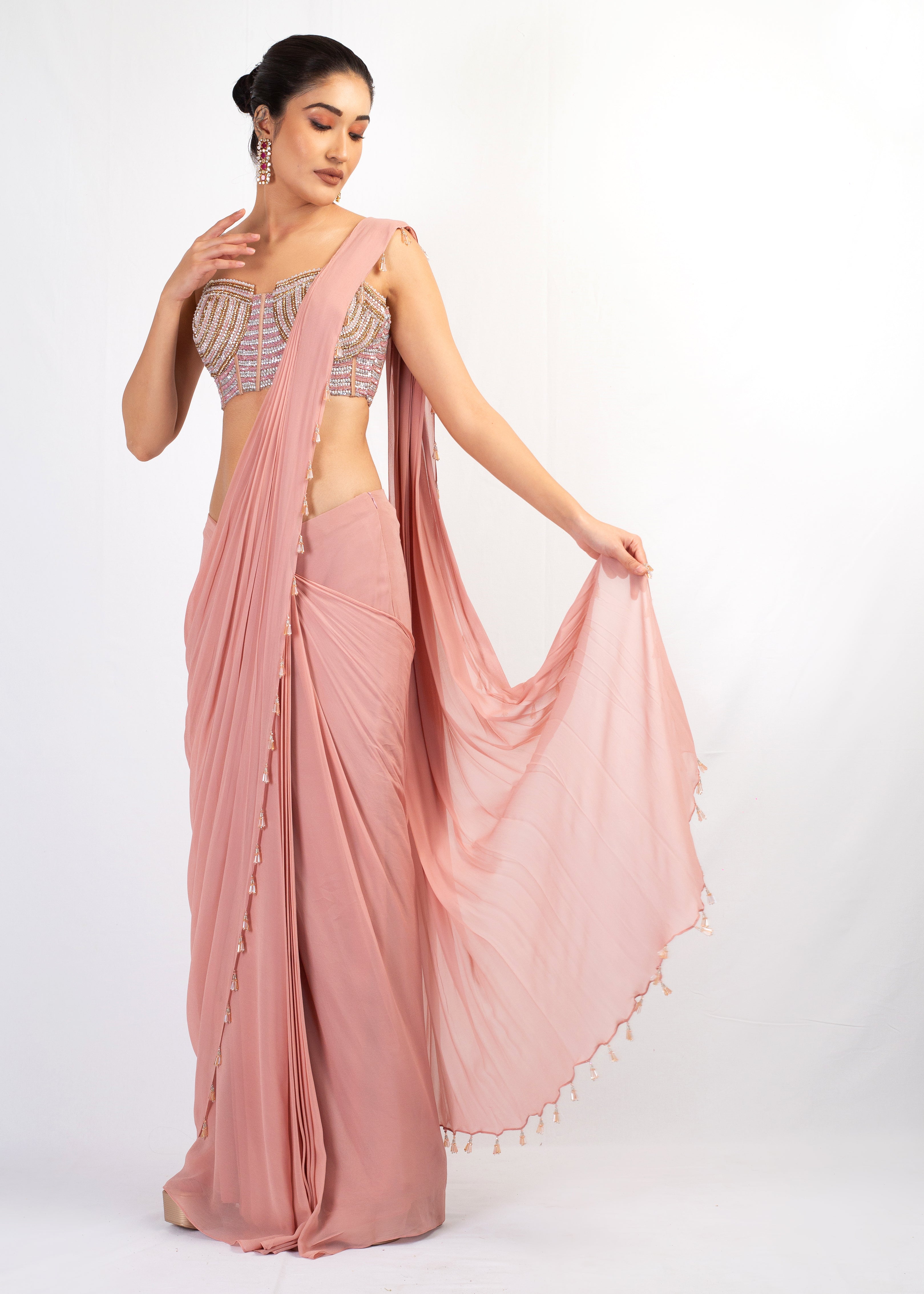 STRAP EMBROIDERED TOP WITH PINK GEORGETTE DRAPE SAREE