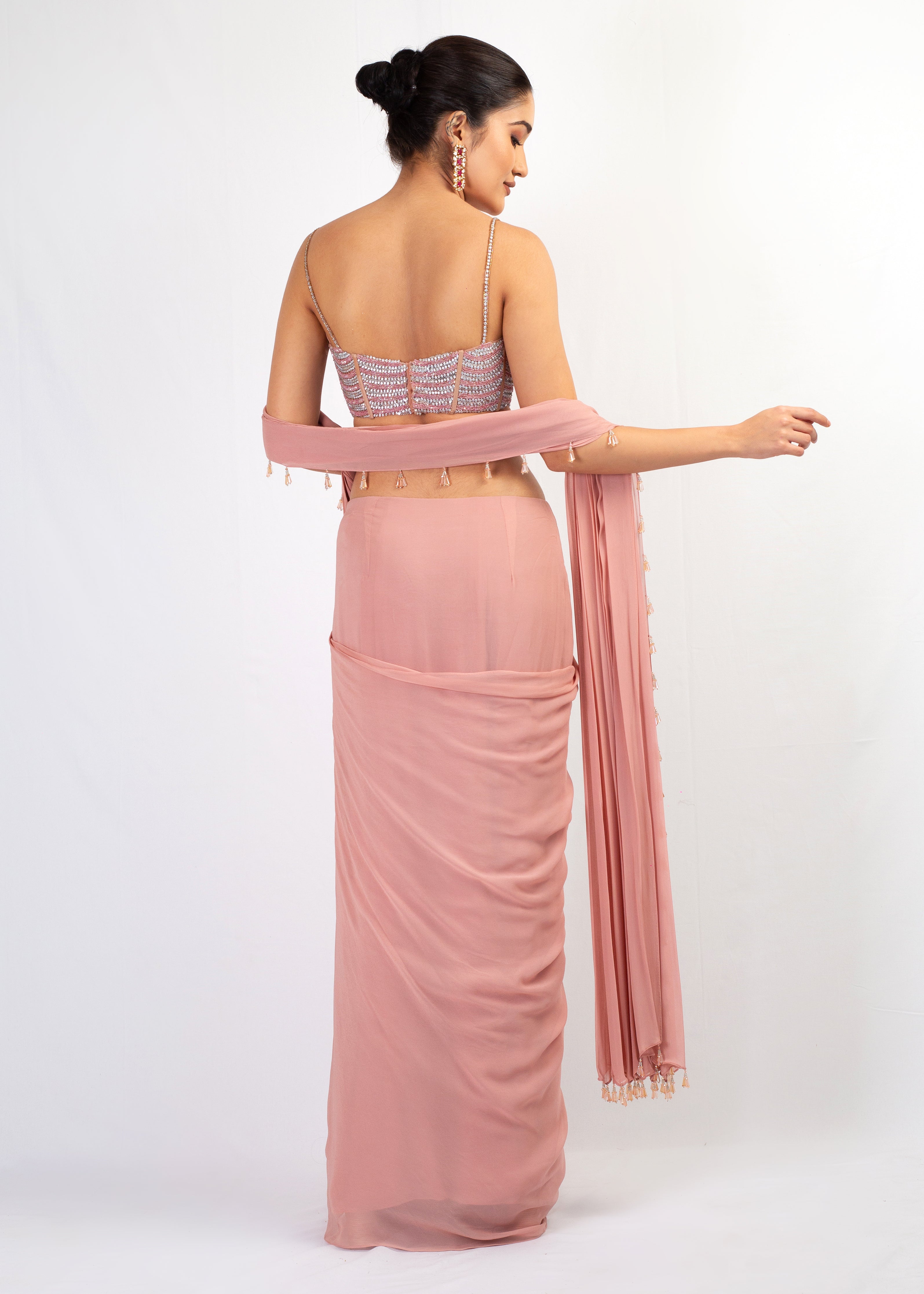 STRAP EMBROIDERED TOP WITH PINK GEORGETTE DRAPE SAREE