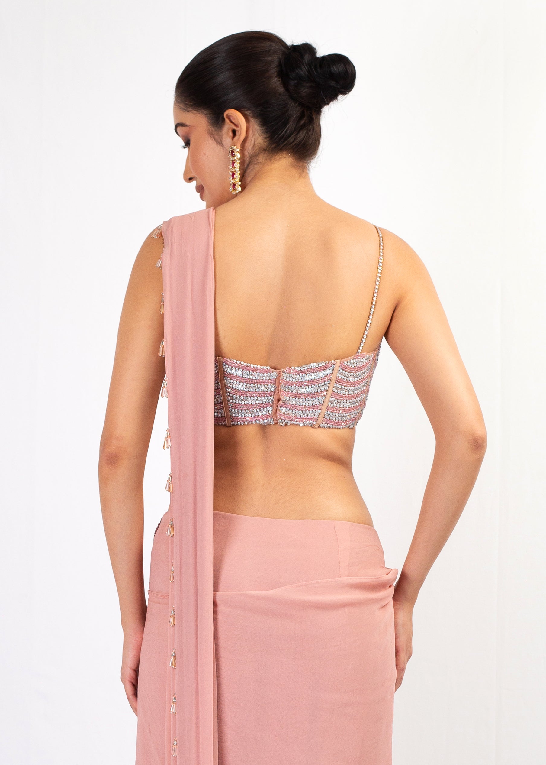 STRAP EMBROIDERED TOP WITH PINK GEORGETTE DRAPE SAREE