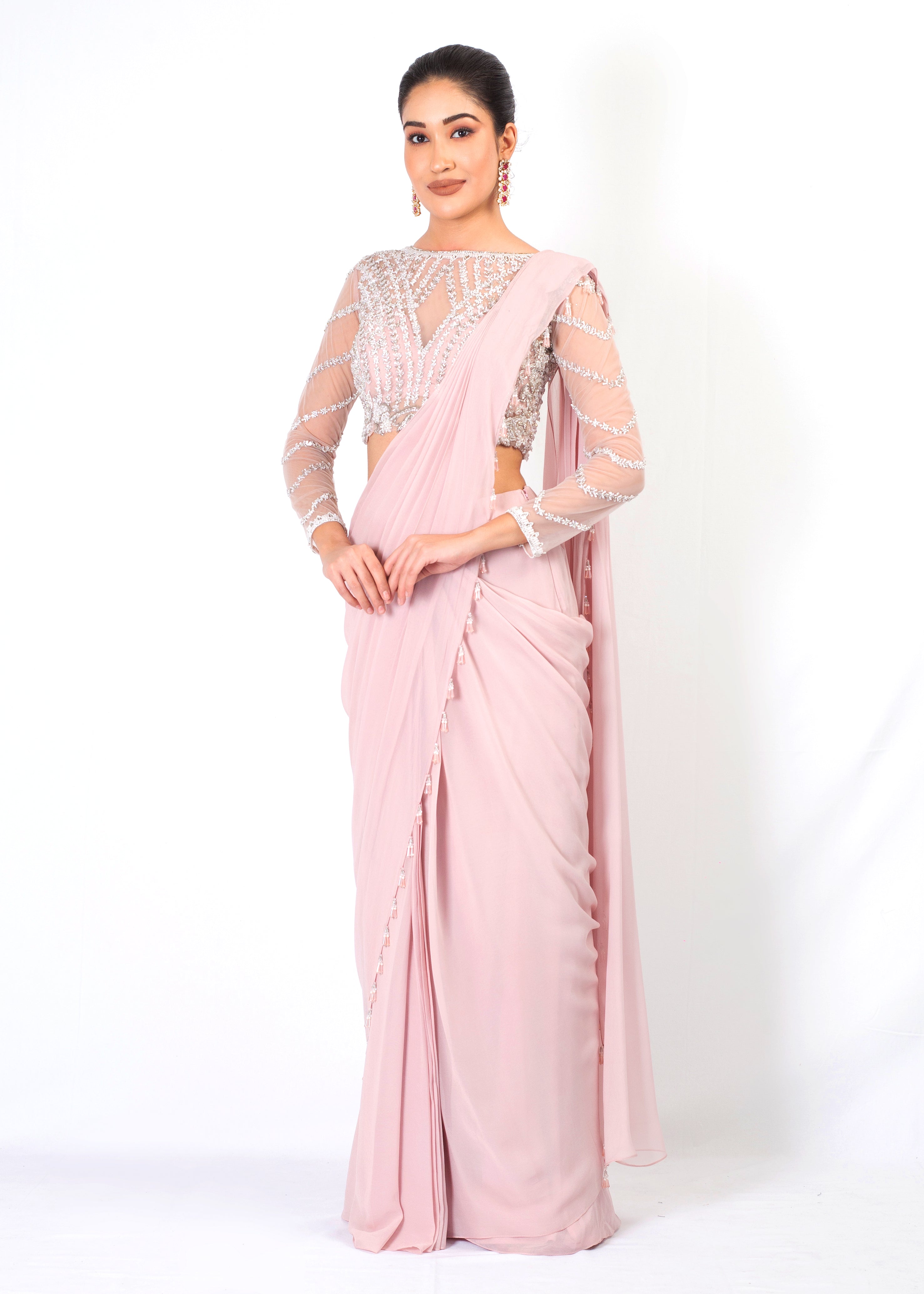 BABY PINK FULLY EMBROIDERY TOP WITH GEORGETTE DRAPE SAREE