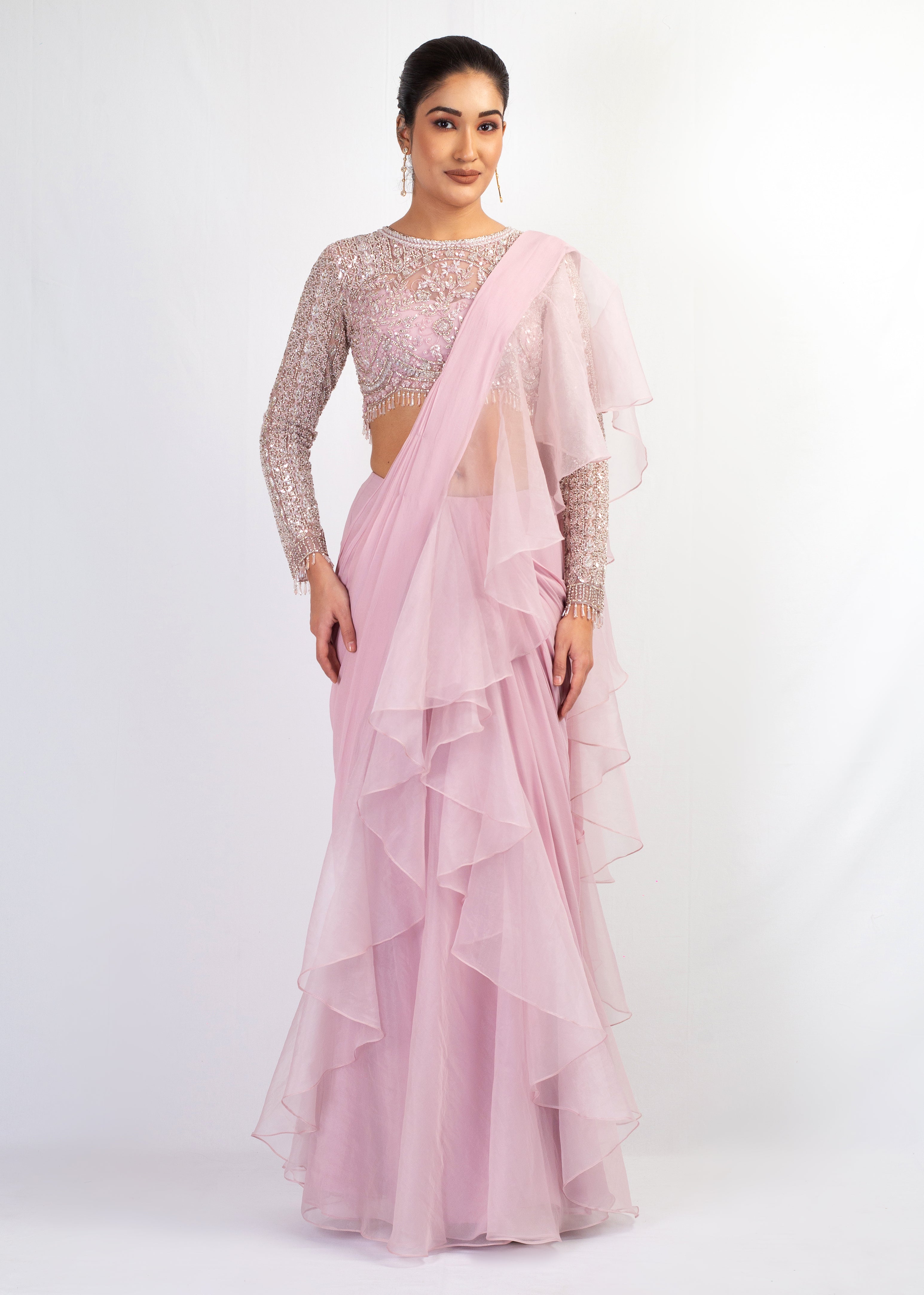 EMBROIDERED FULL SLEEVES TOP WITH PINK ORGANZA FRIL GEORGETTE SAREE