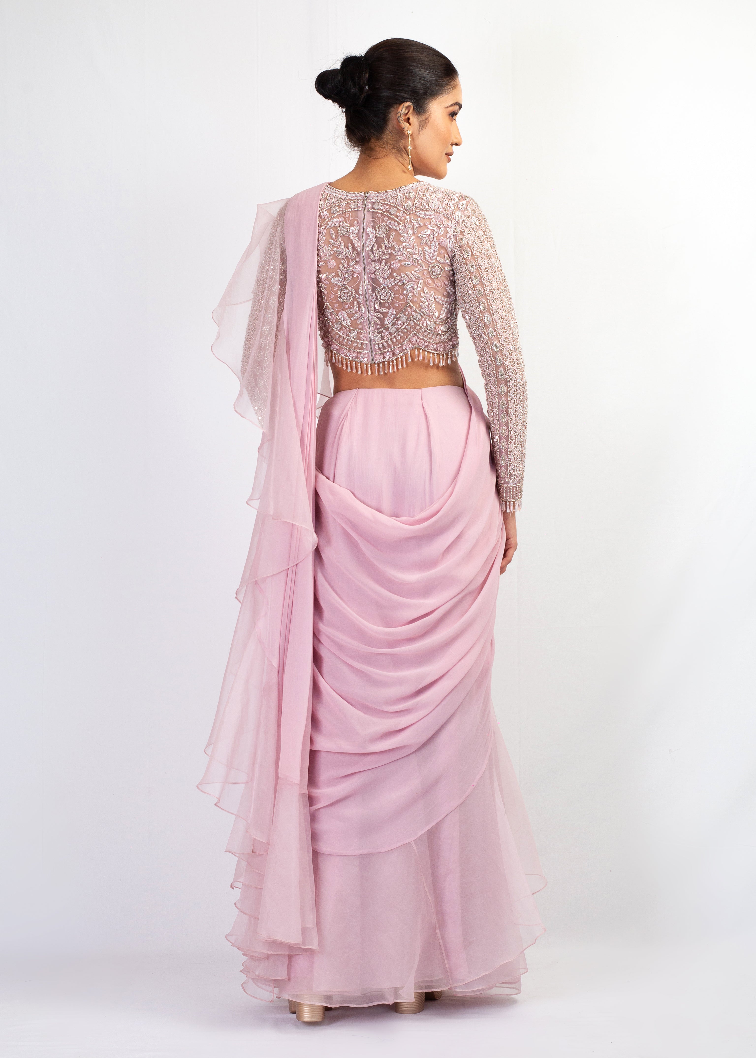 EMBROIDERED FULL SLEEVES TOP WITH PINK ORGANZA FRIL GEORGETTE SAREE