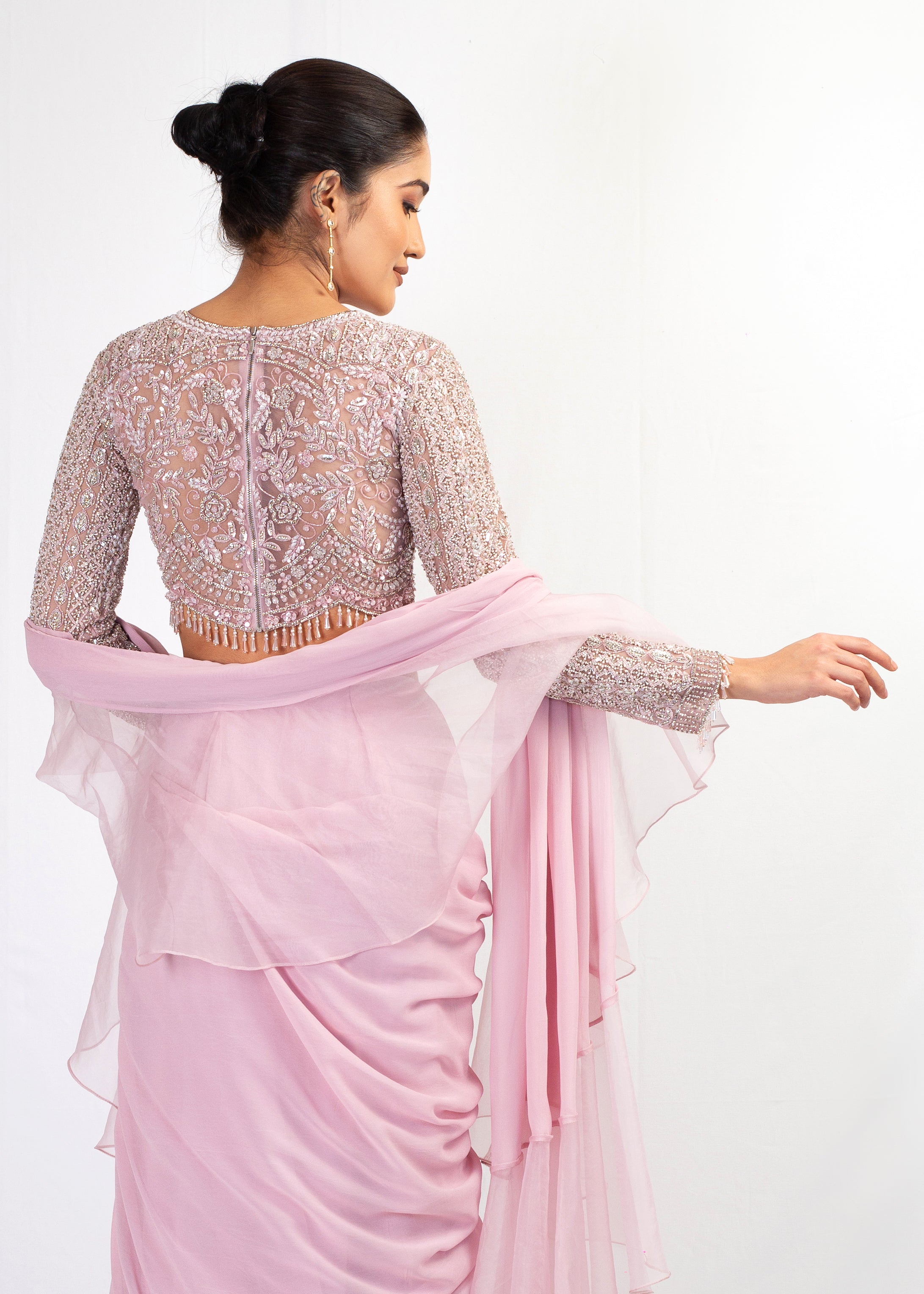 EMBROIDERED FULL SLEEVES TOP WITH PINK ORGANZA FRIL GEORGETTE SAREE