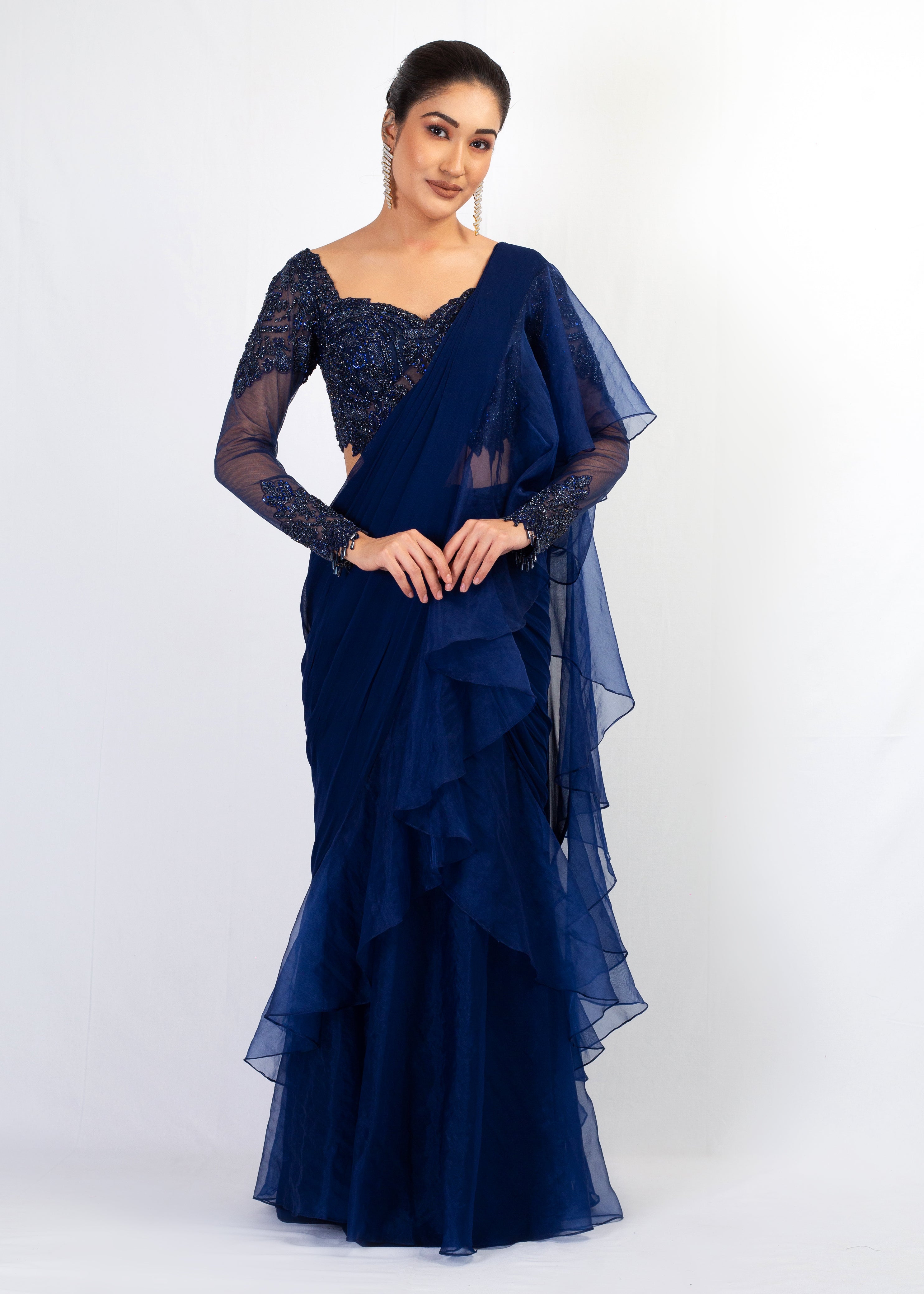 NAVY BLUE EMBROIDERED TOP WITH ORGANZA FRIL GEORGETTE SAREE