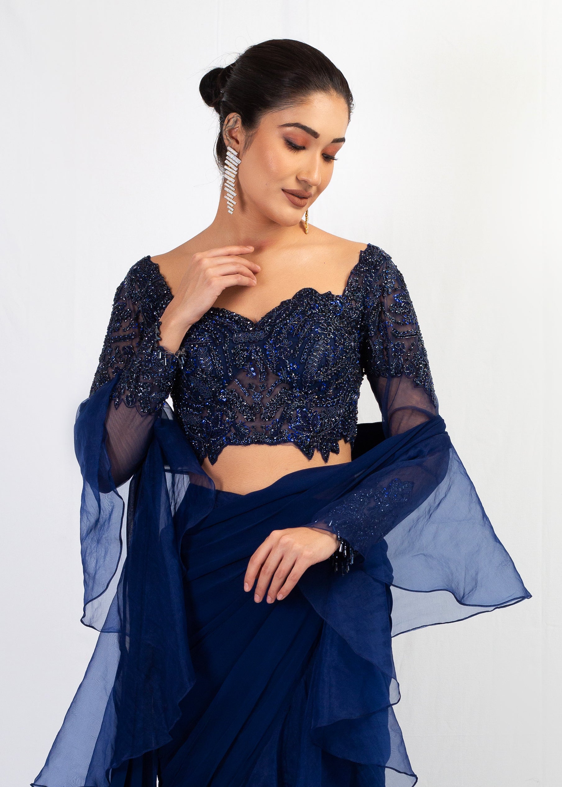 NAVY BLUE EMBROIDERED TOP WITH ORGANZA FRIL GEORGETTE SAREE