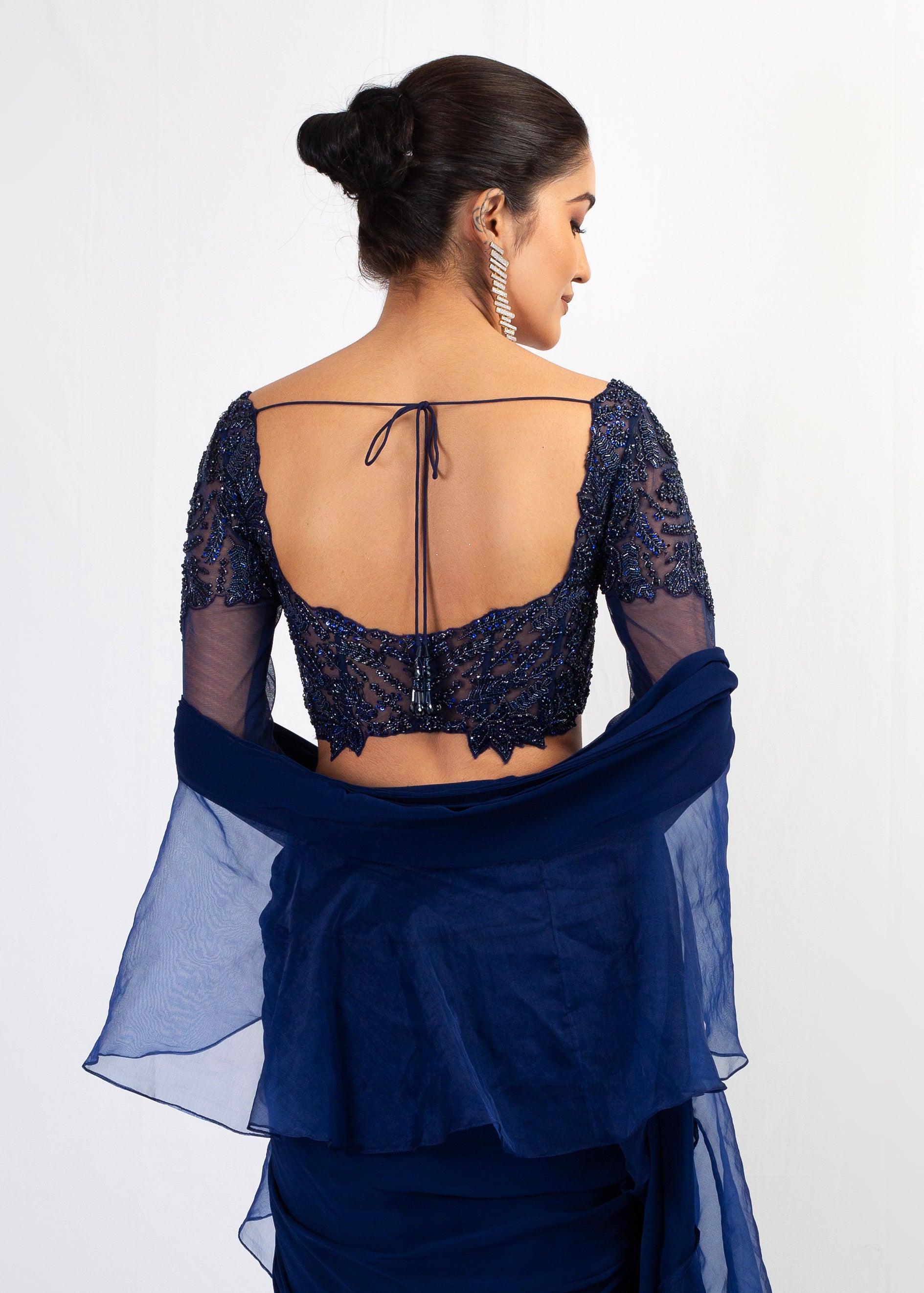 NAVY BLUE EMBROIDERED TOP WITH ORGANZA FRIL GEORGETTE SAREE