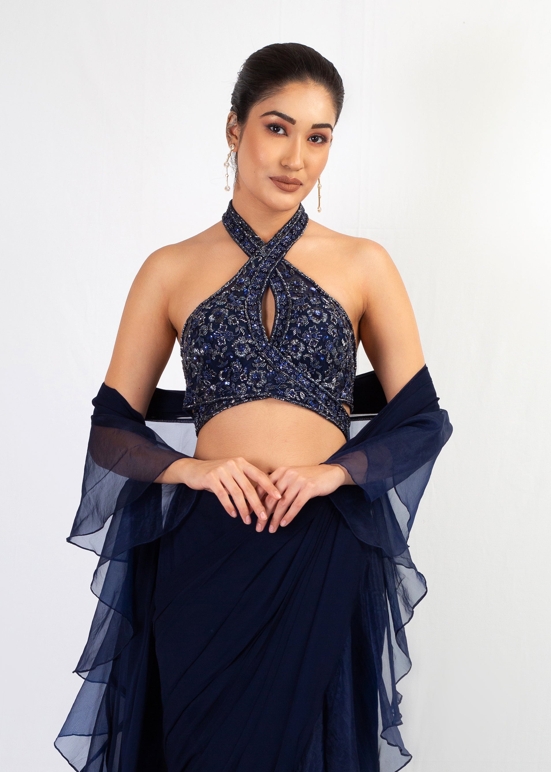 NAVY BLUE EMBROIDERY TOP WITH ORGANZA FRILL GEORGETTE SAREE