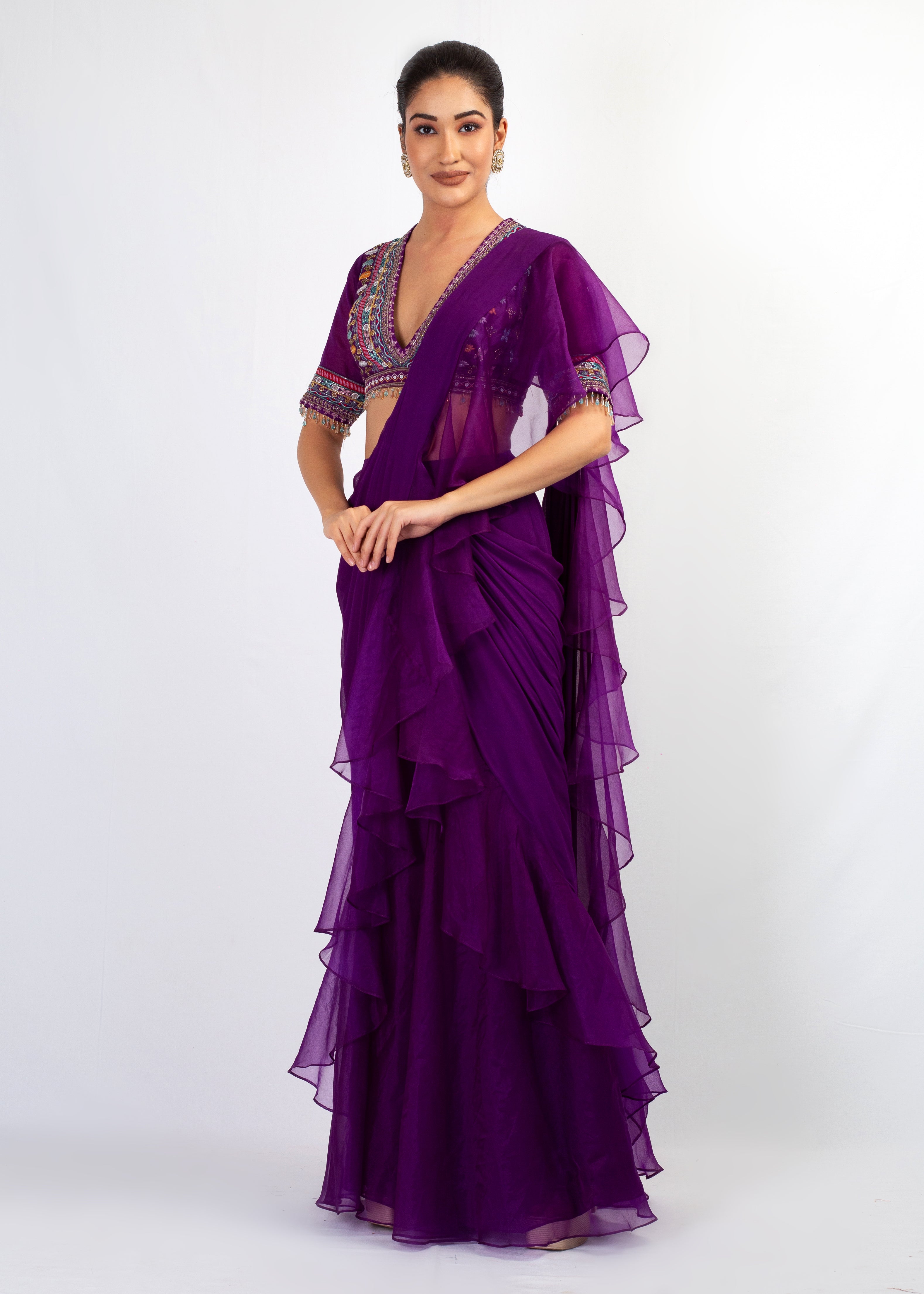 PURPLE EMBROIDERED TOP WITH PURPLE ORGENZA FRIL GEORGETTE SAREE