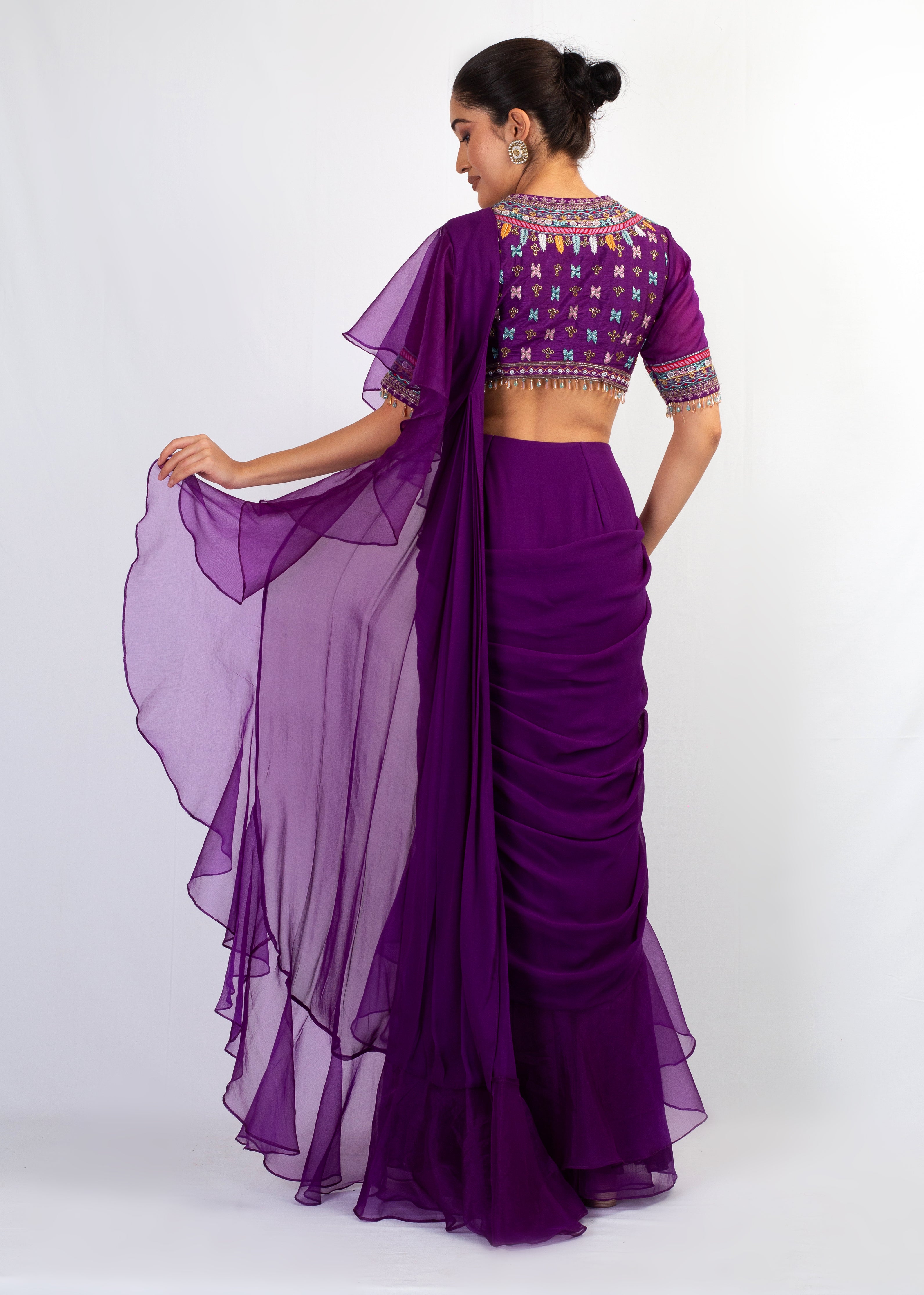PURPLE EMBROIDERED TOP WITH PURPLE ORGENZA FRIL GEORGETTE SAREE