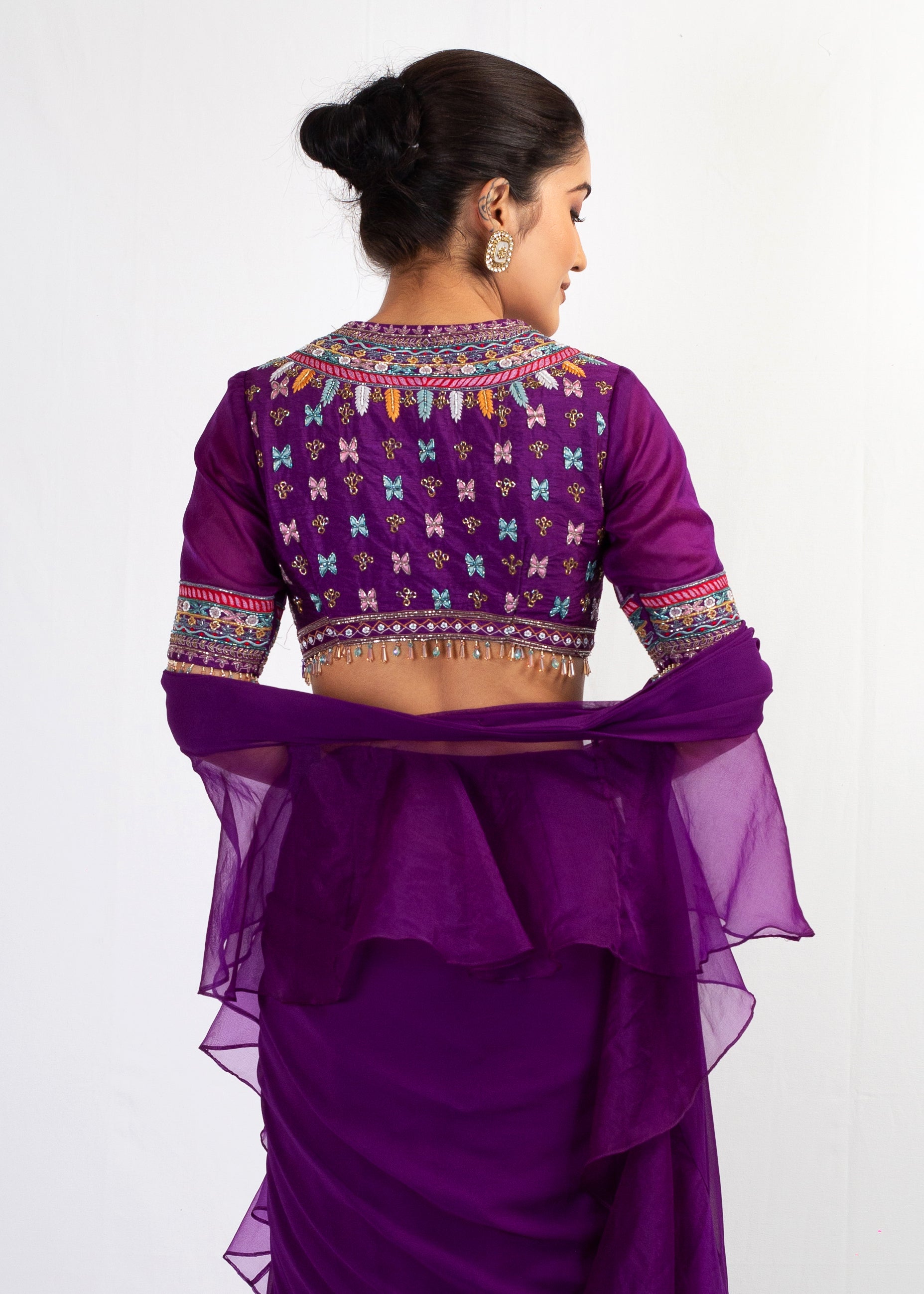 PURPLE EMBROIDERED TOP WITH PURPLE ORGENZA FRIL GEORGETTE SAREE