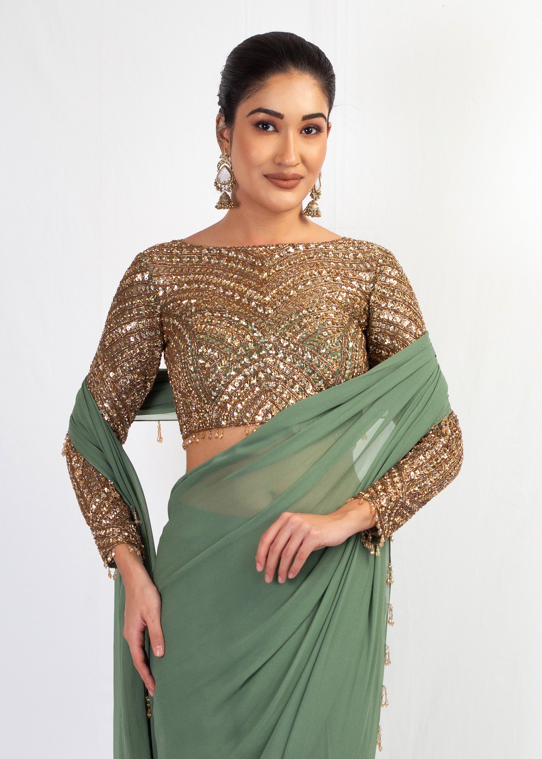 GOLD EMBROIDERED TOP WITH GREEN DRAPE GEORGETTE SAREE