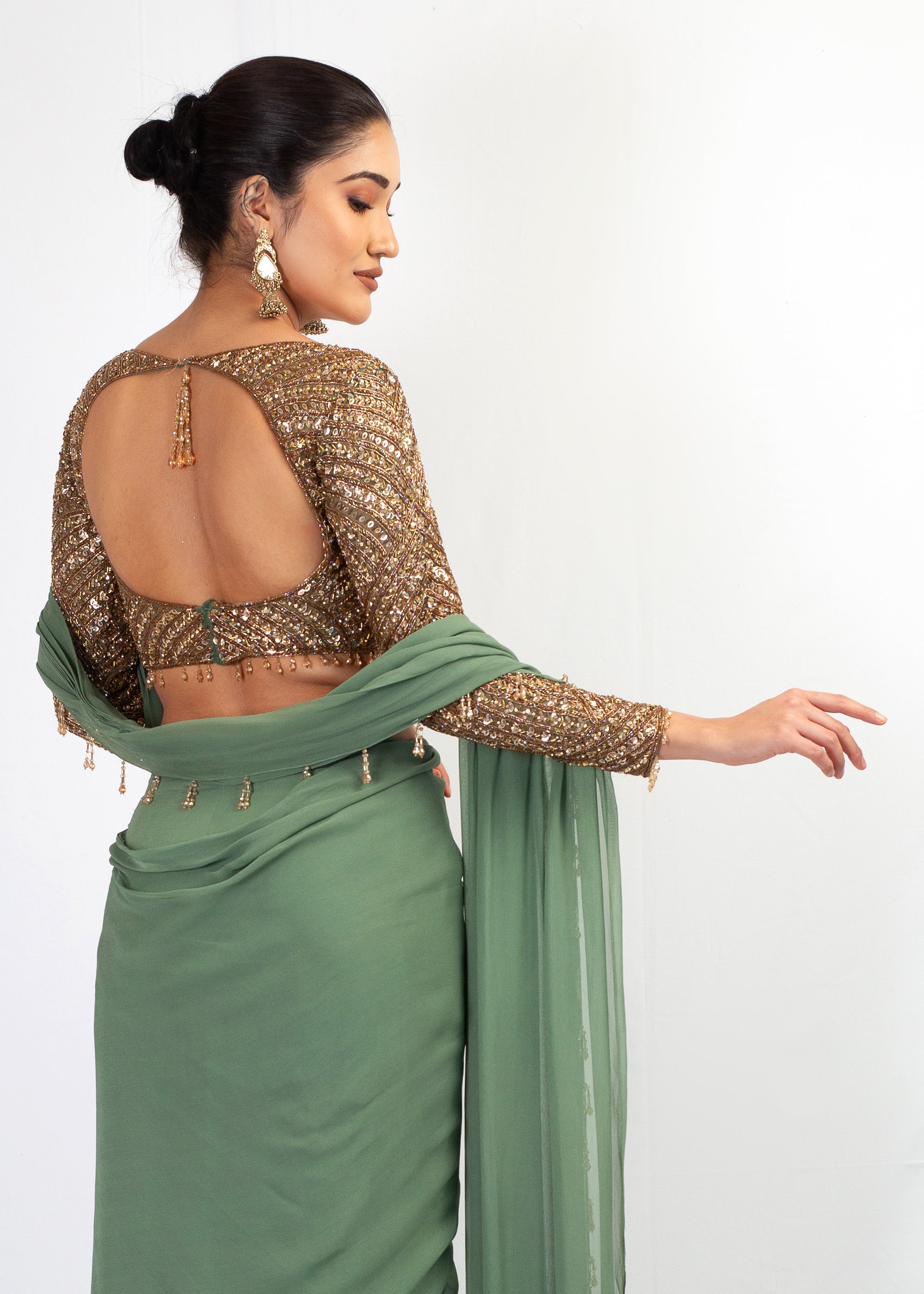 GOLD EMBROIDERED TOP WITH GREEN DRAPE GEORGETTE SAREE