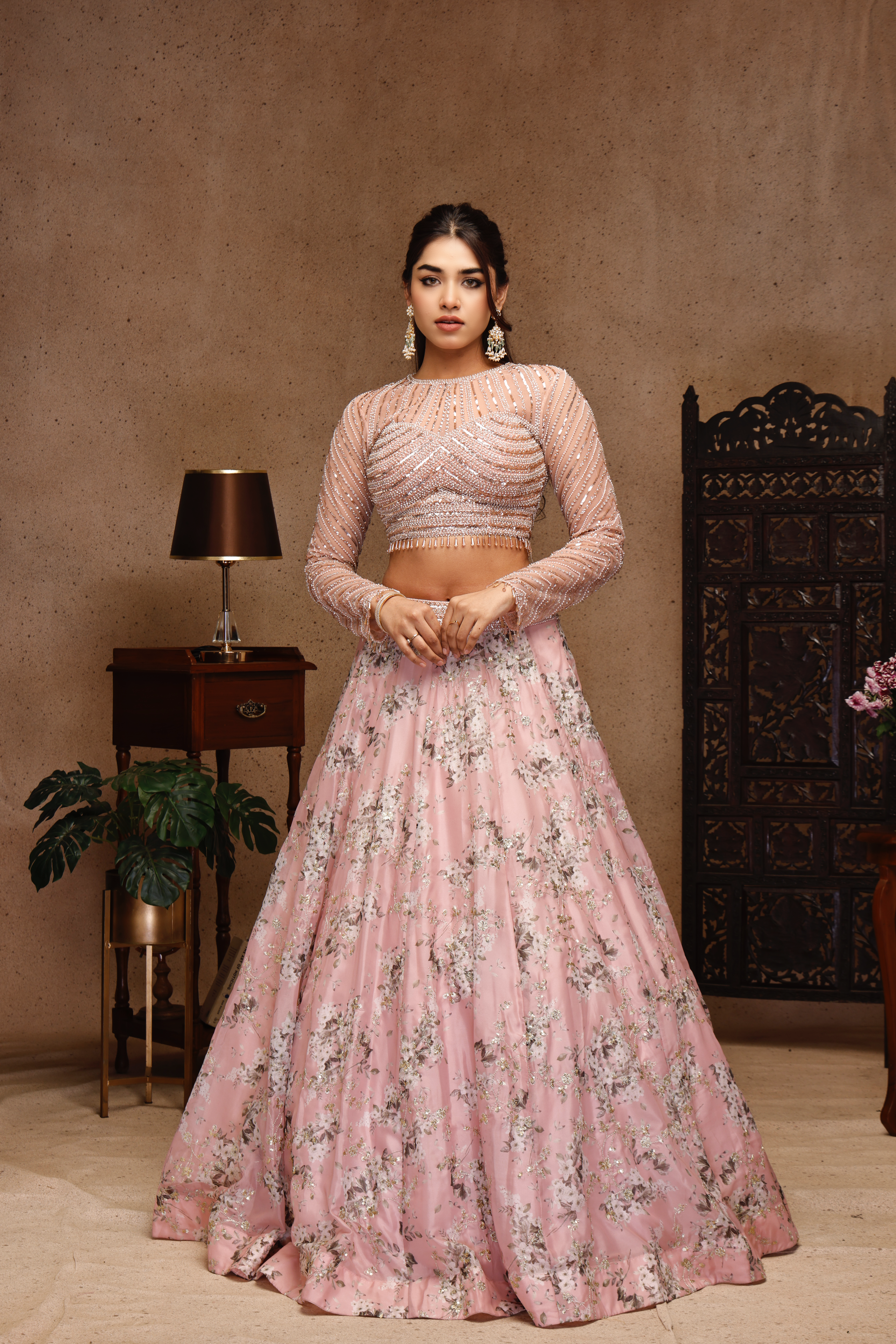 EMBROIDERY TOP WITH SLEEVE PEACH SKIRT