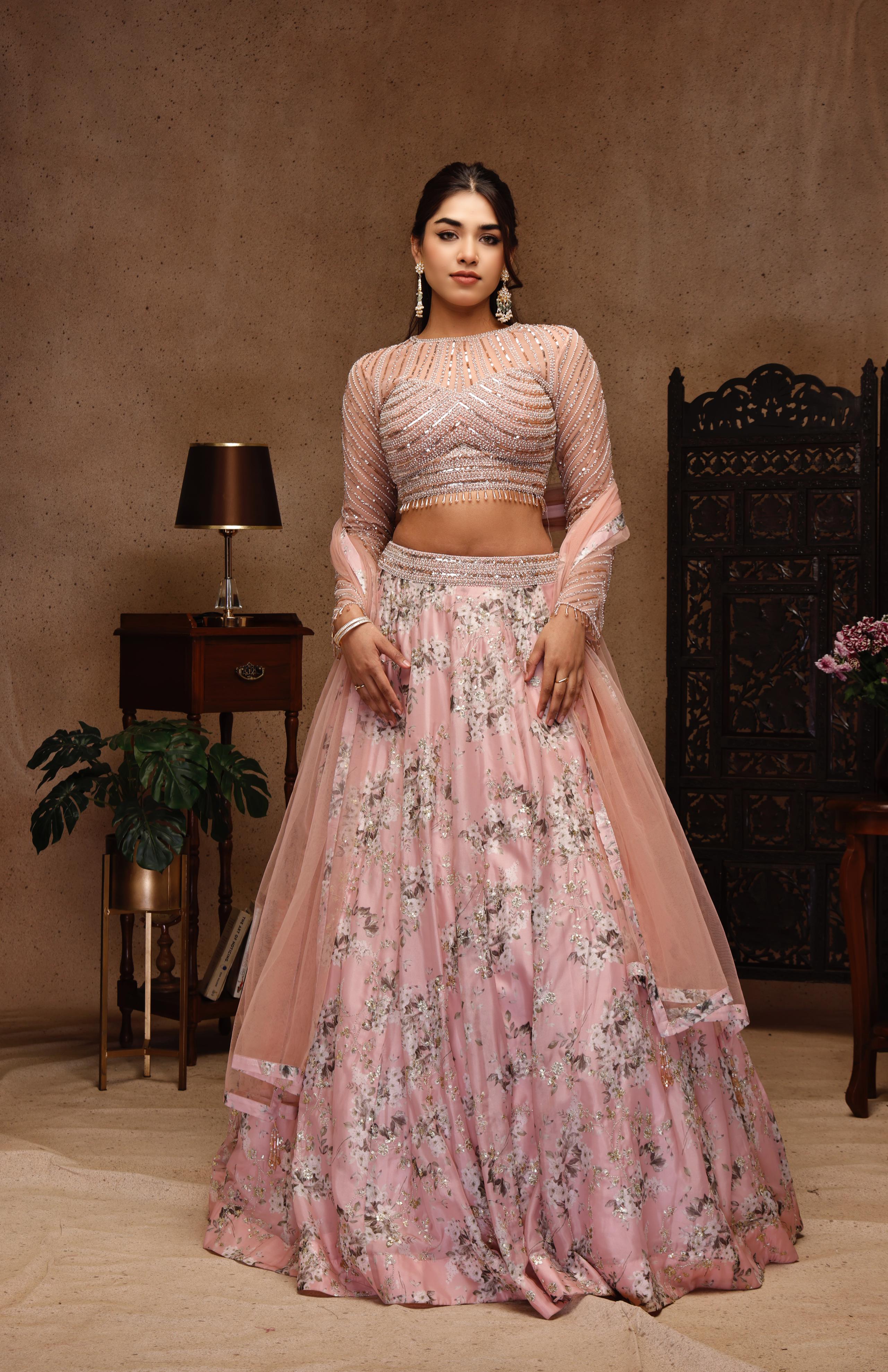 EMBROIDERY TOP WITH SLEEVE PEACH SKIRT