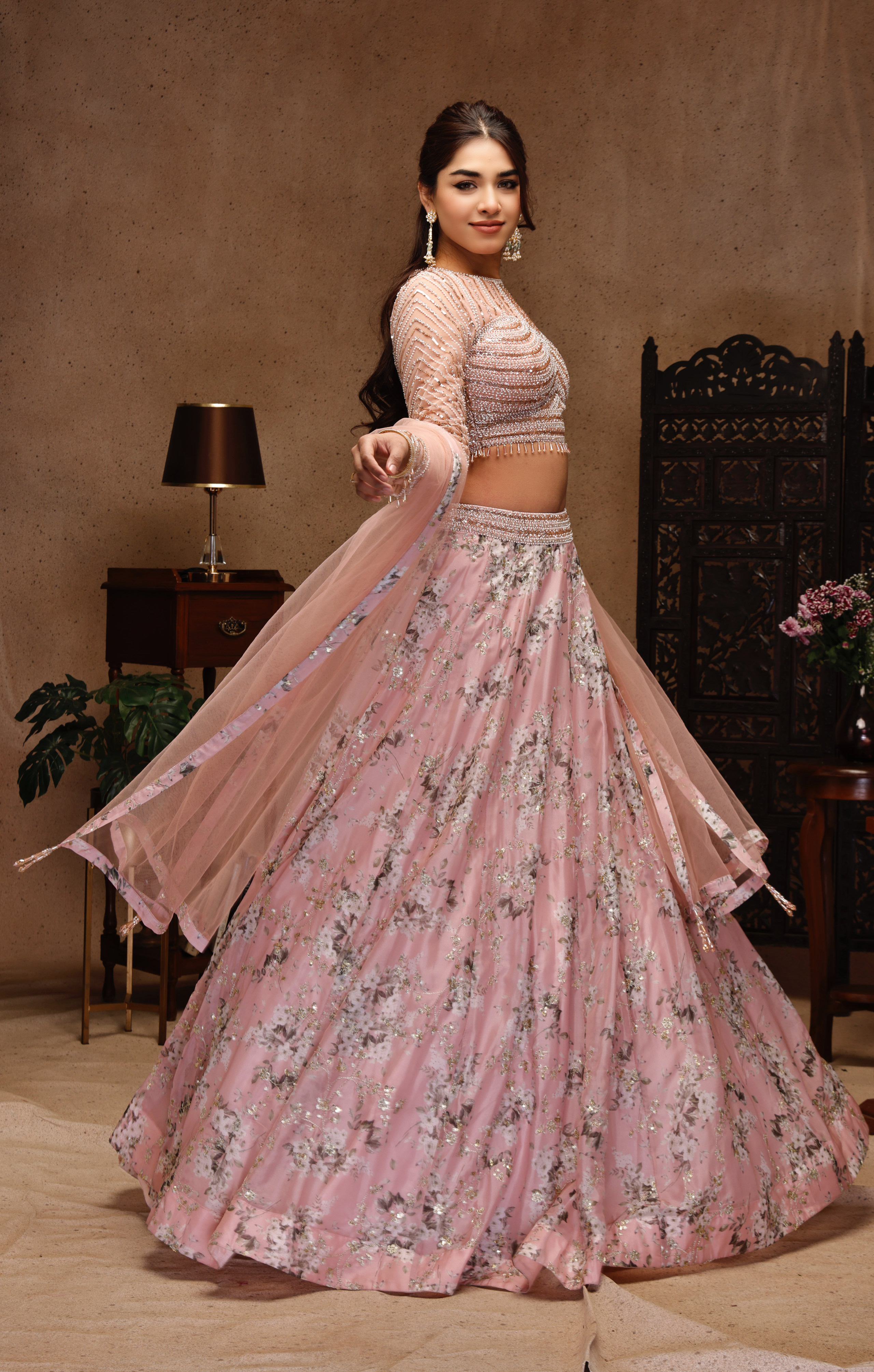 EMBROIDERY TOP WITH SLEEVE PEACH SKIRT