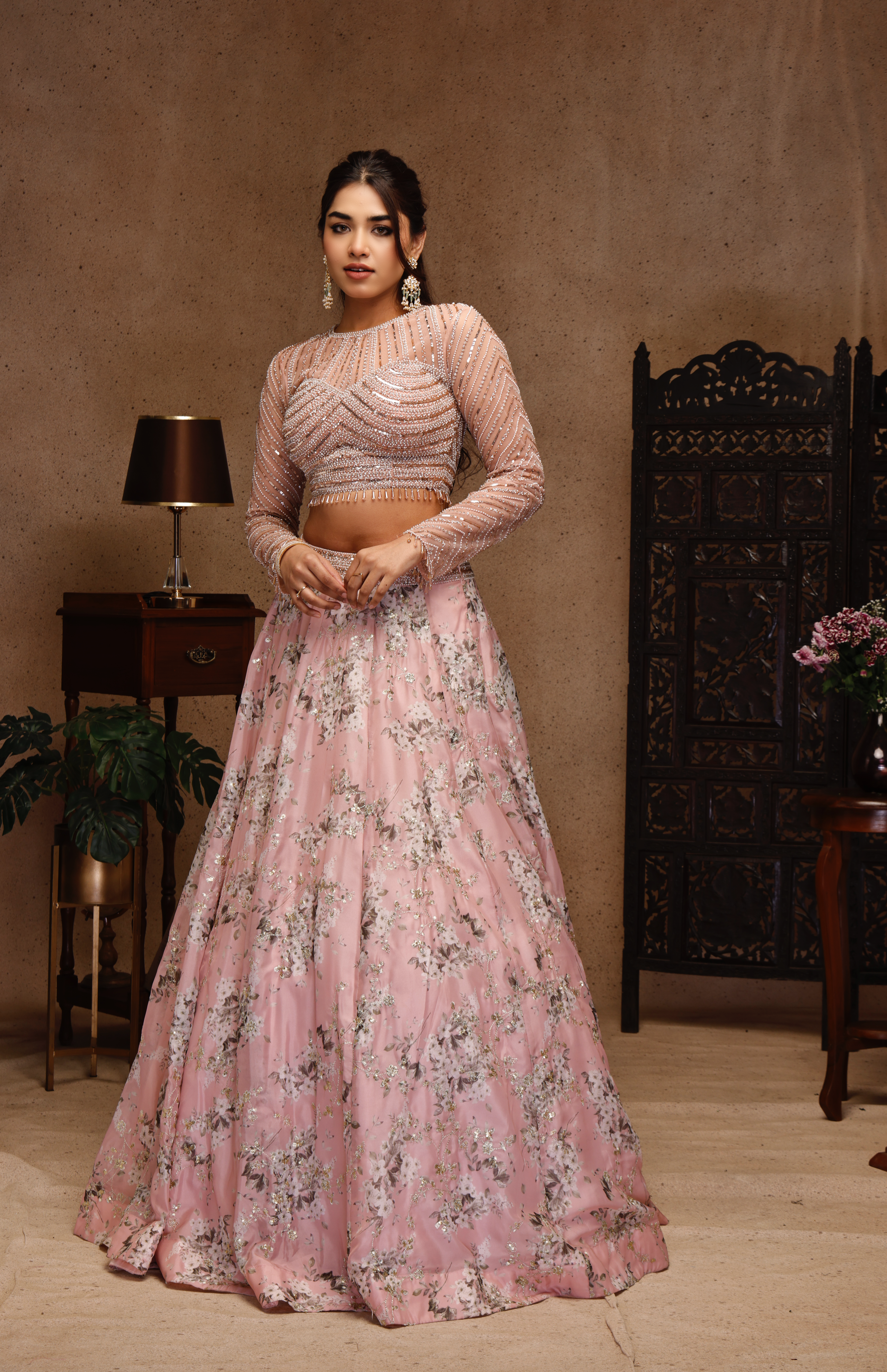 EMBROIDERY TOP WITH SLEEVE PEACH SKIRT