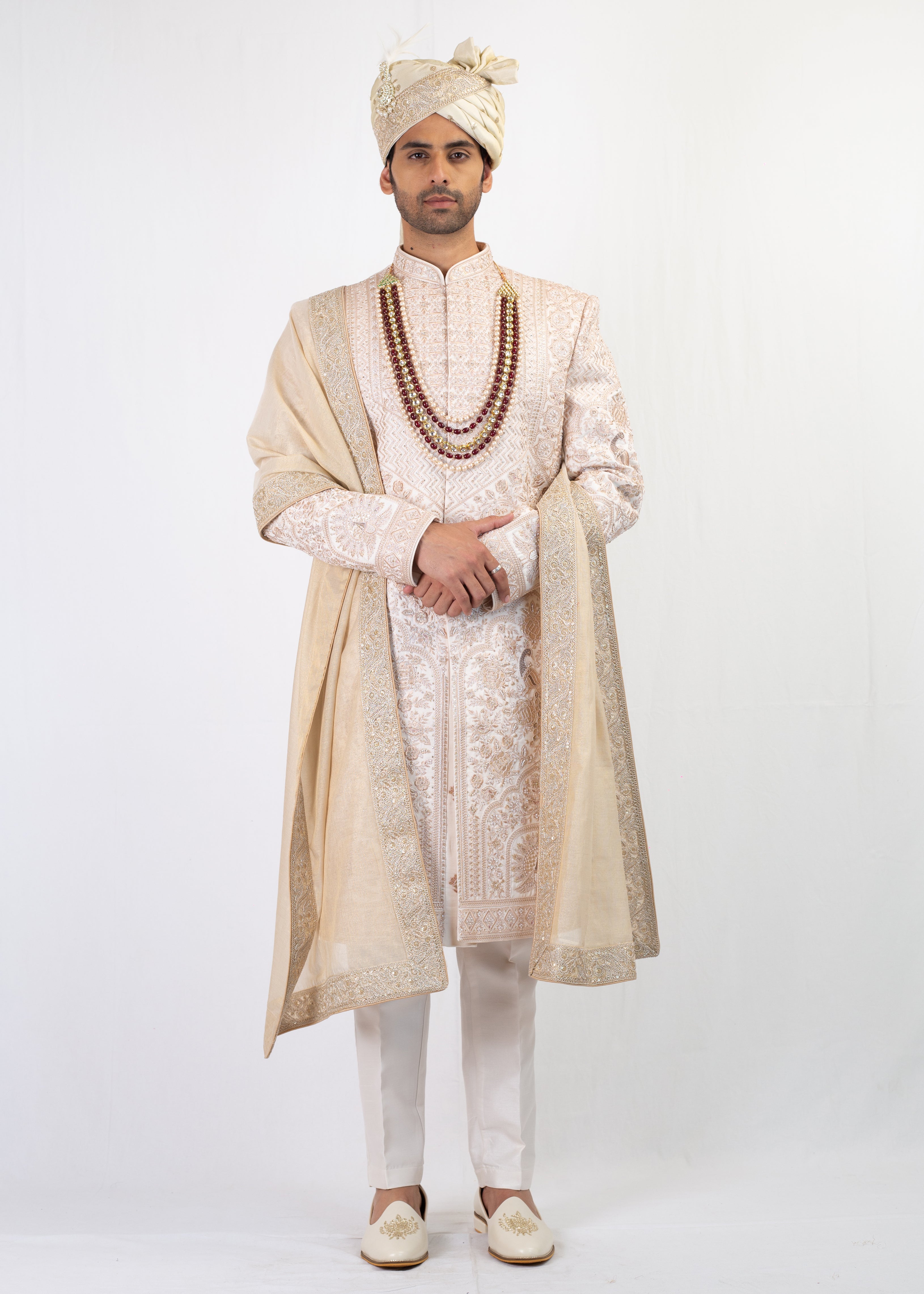 LIGHT GOLD EMBROIDERY SHERWANI WITH TROUSER