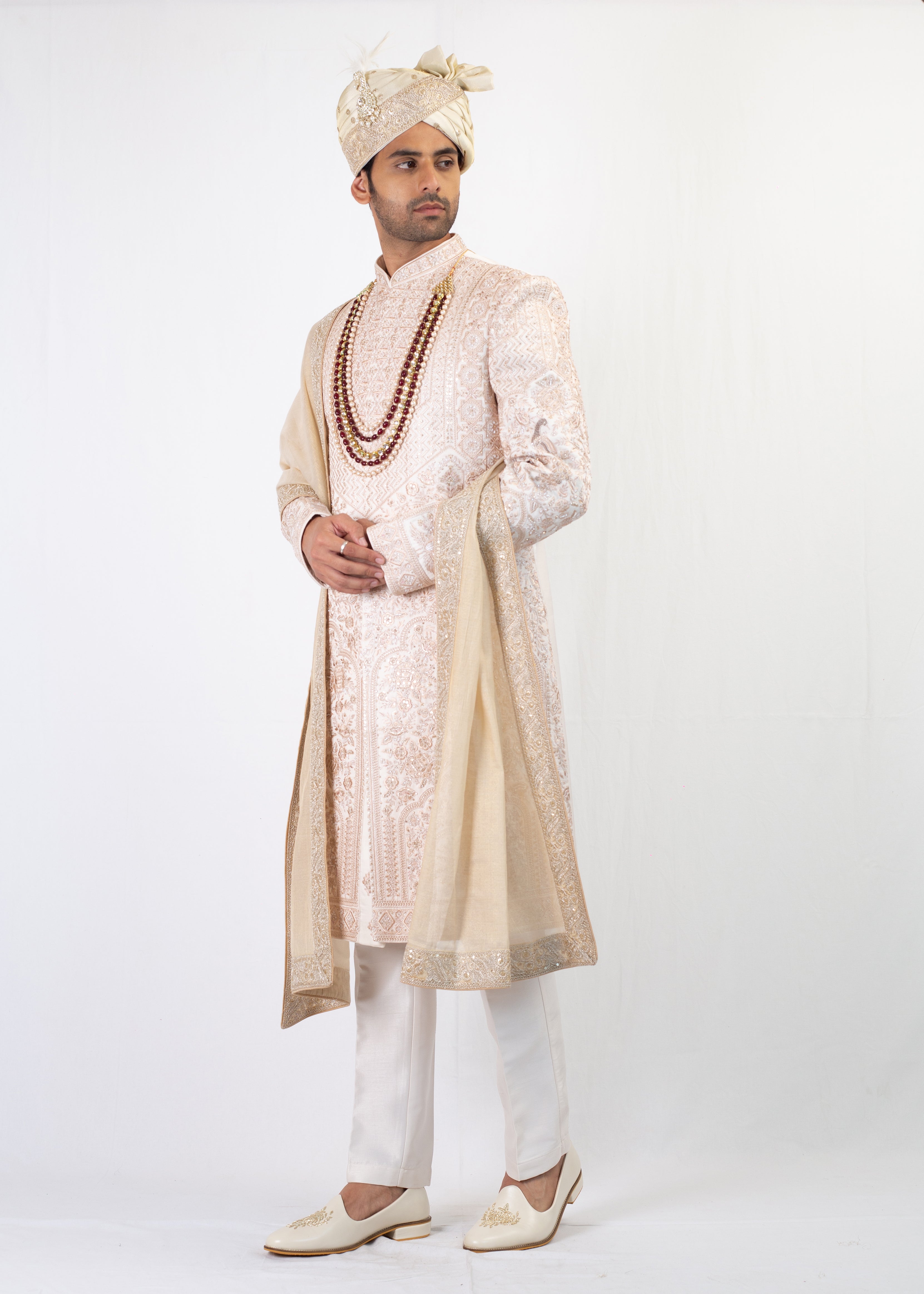LIGHT GOLD EMBROIDERY SHERWANI WITH TROUSER