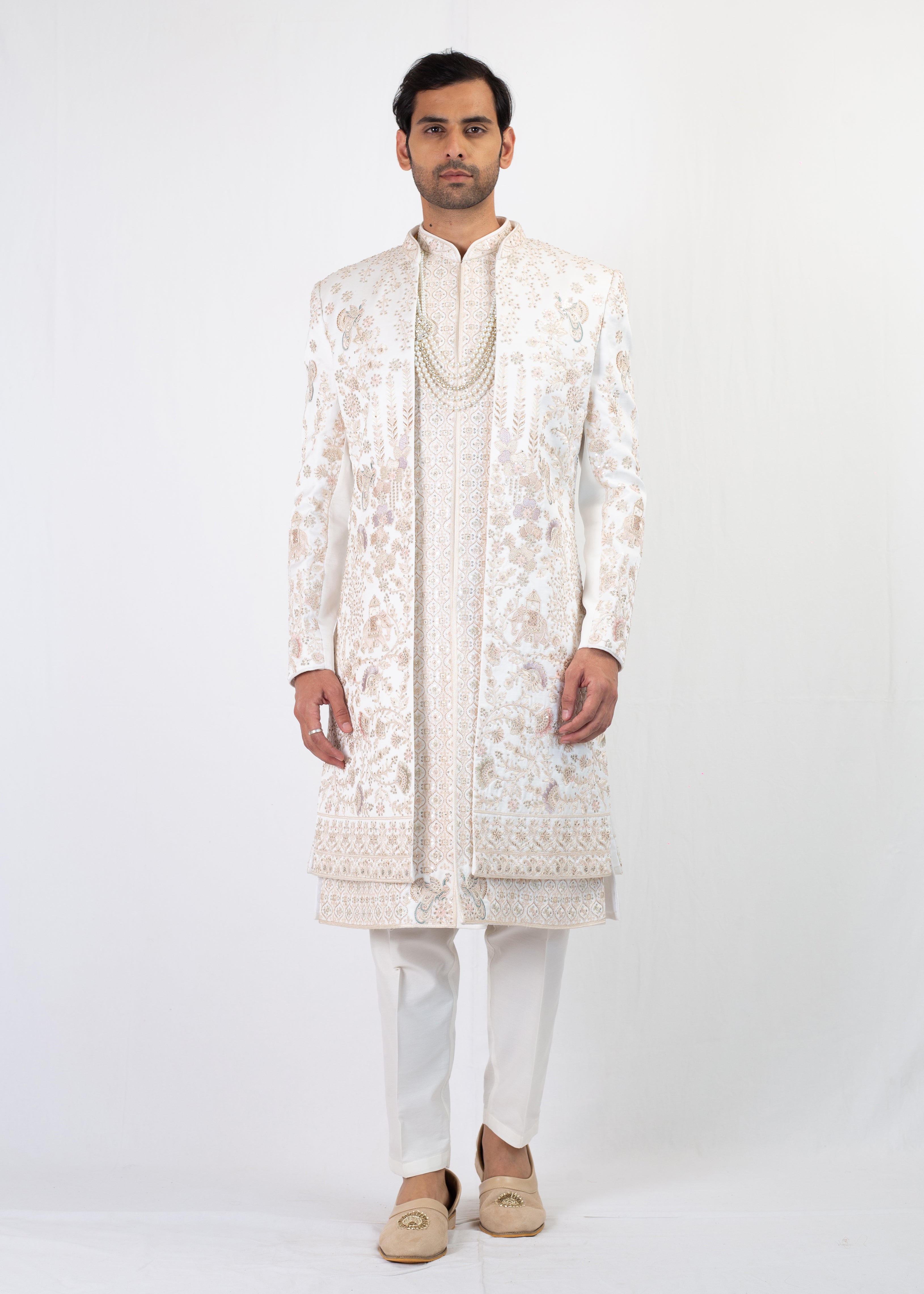 ELEGANT WHITE EMBROIDERU SHERWANI AND KURTA WITH CHURIDAR