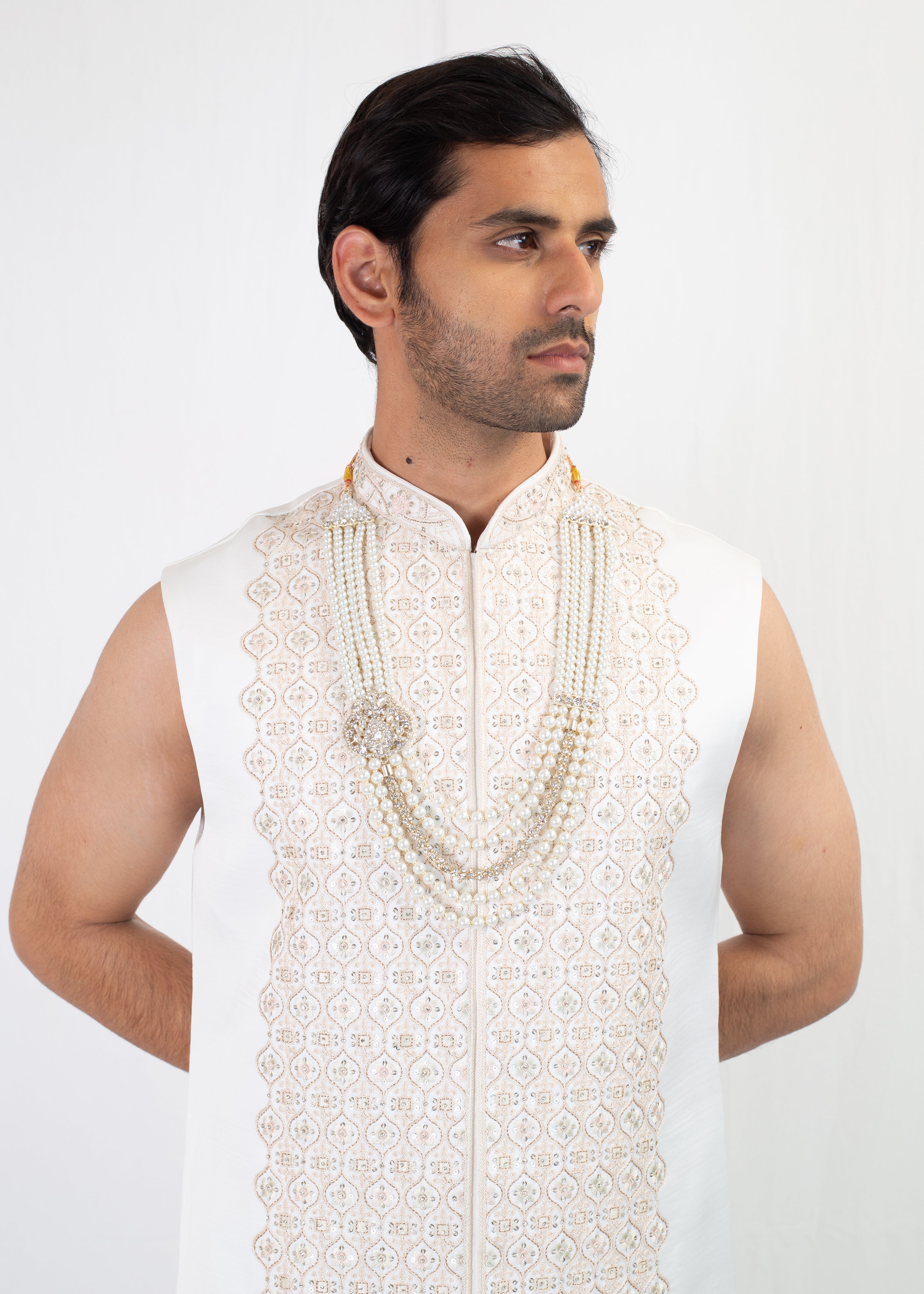 ELEGANT WHITE EMBROIDERU SHERWANI AND KURTA WITH CHURIDAR