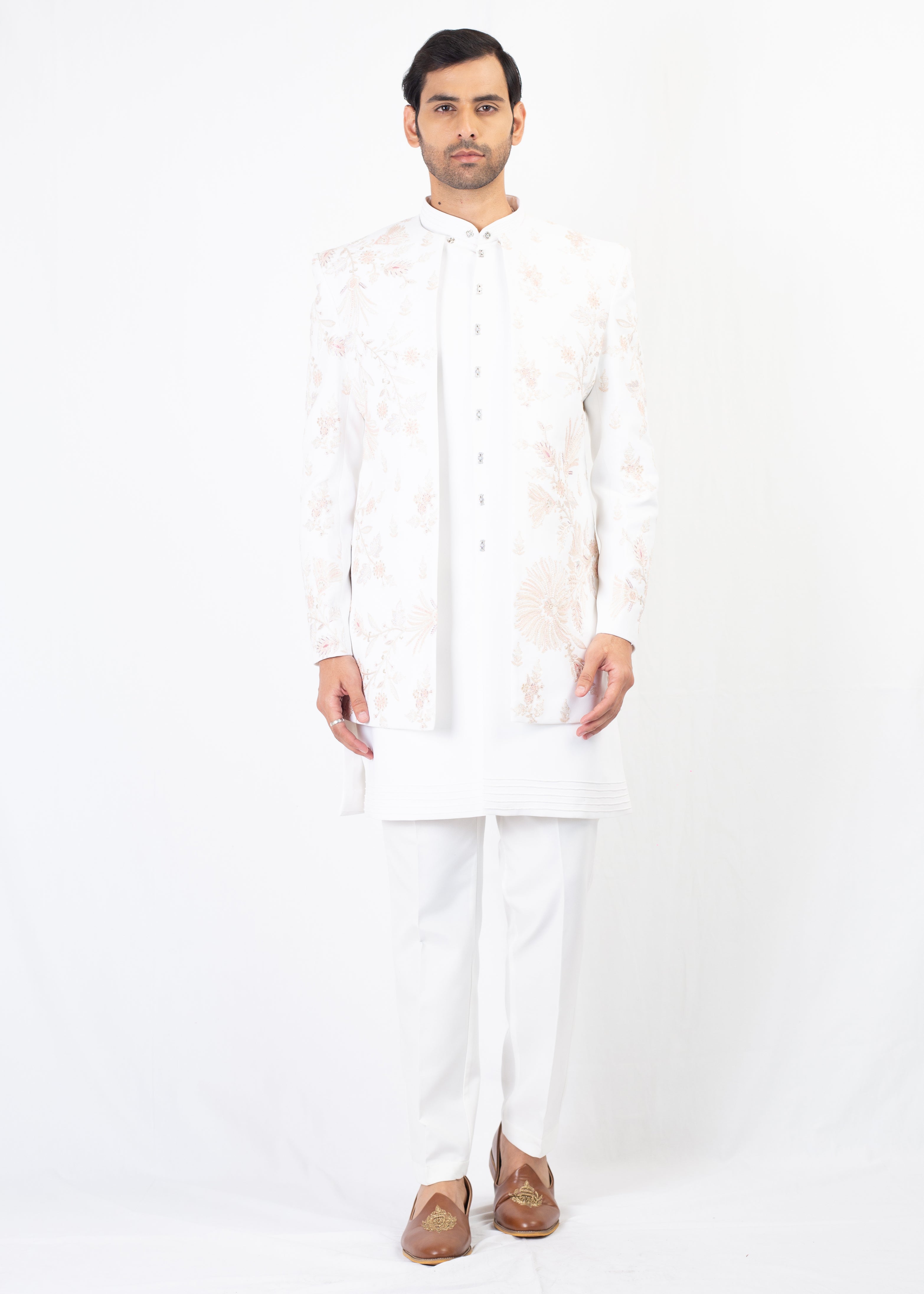 WHITE EMBROIDERY WAISTCOT & KURTA WITH TROUSER