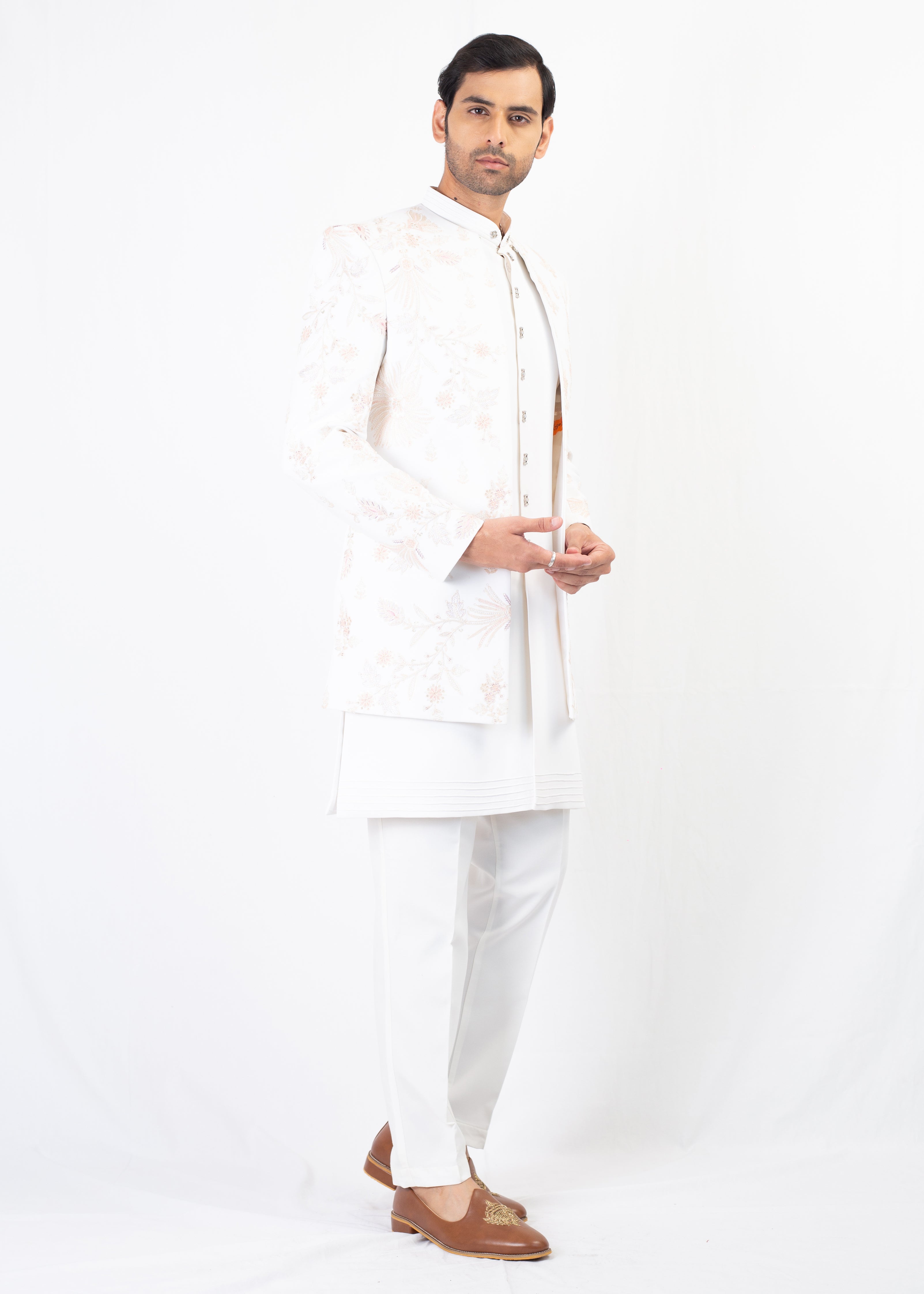 WHITE EMBROIDERY WAISTCOT & KURTA WITH TROUSER