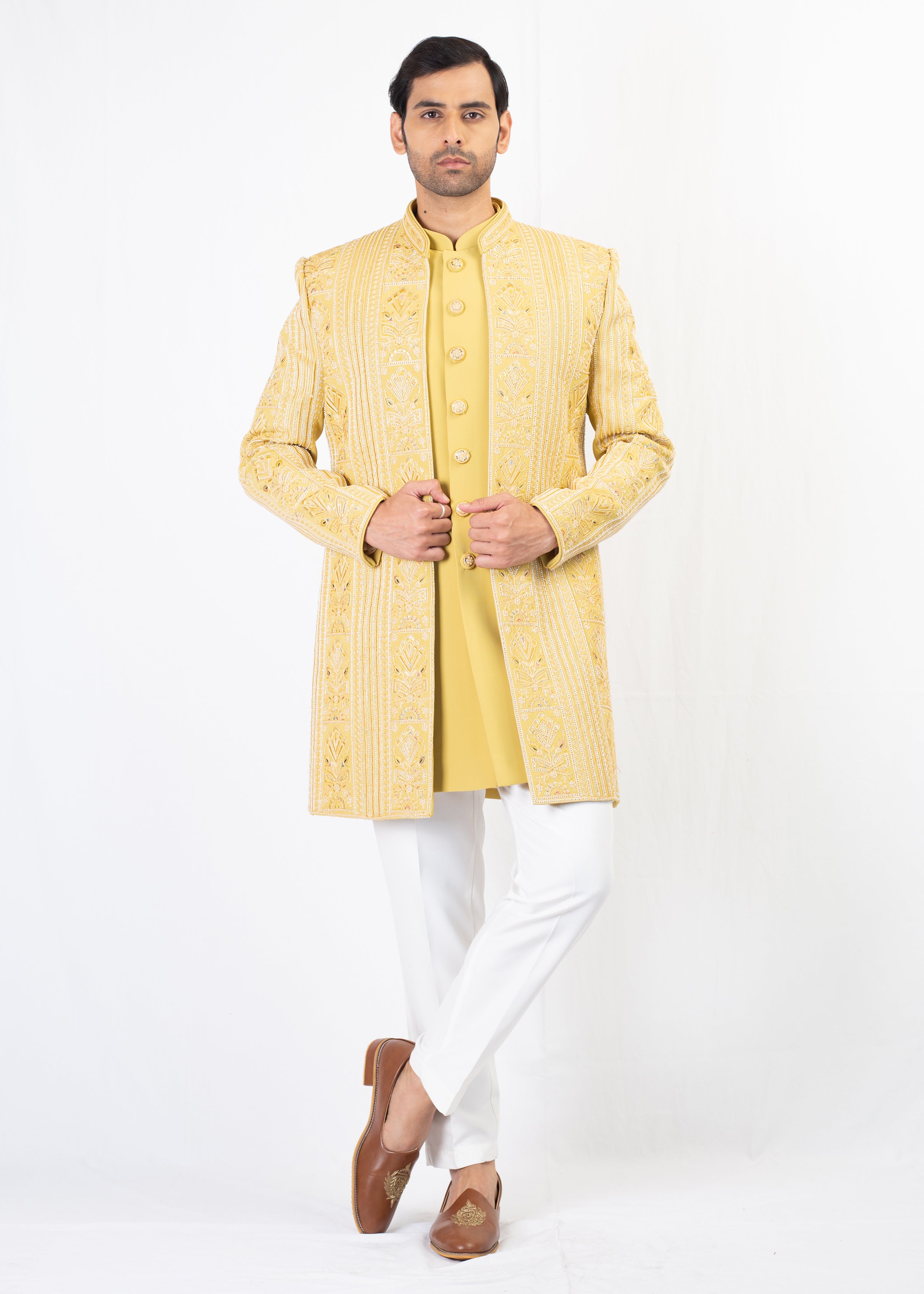 YELLOW EMBROIDERY SHERWANI & KURTA WITH WHITE TROUSER