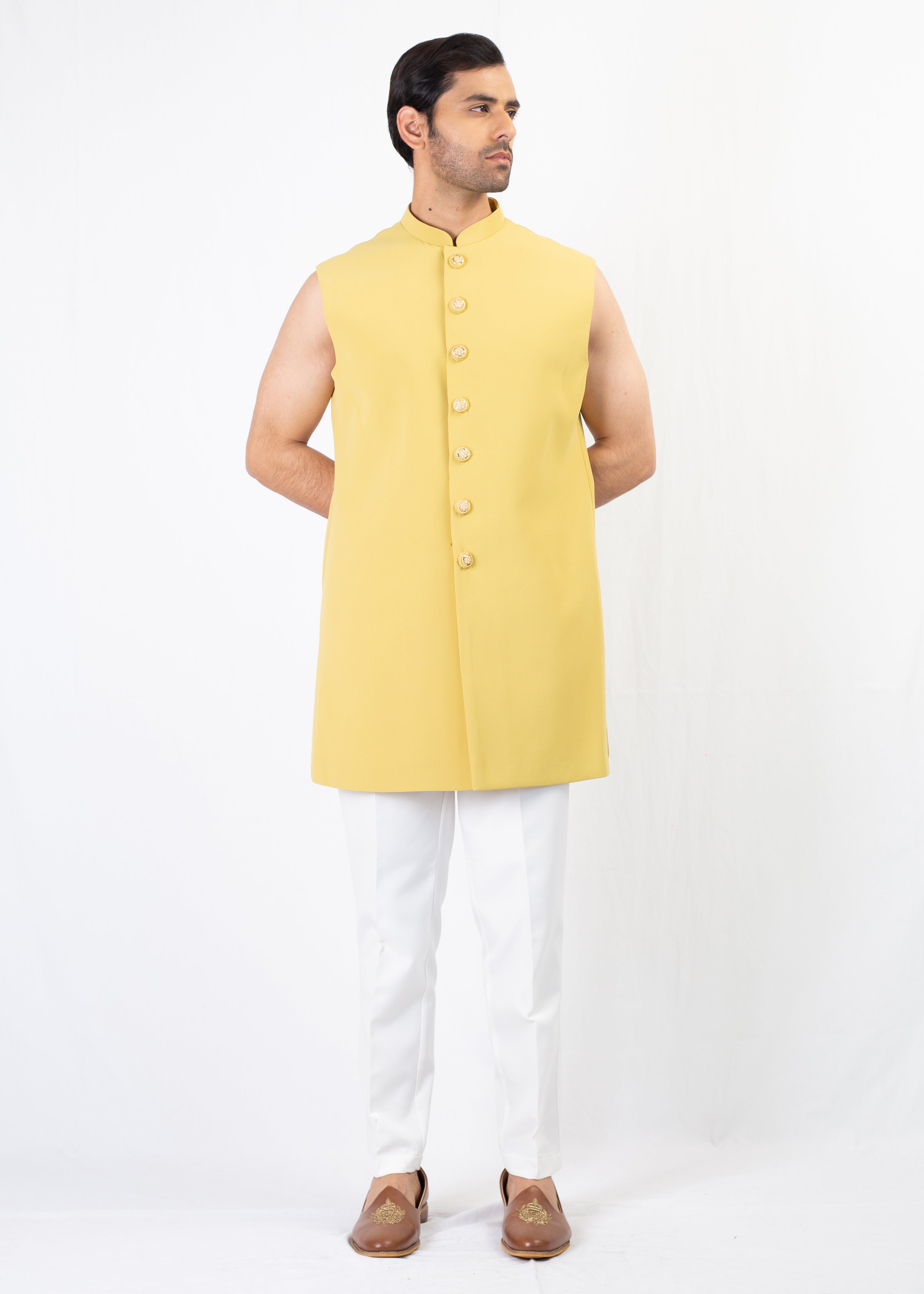 YELLOW EMBROIDERY SHERWANI & KURTA WITH WHITE TROUSER