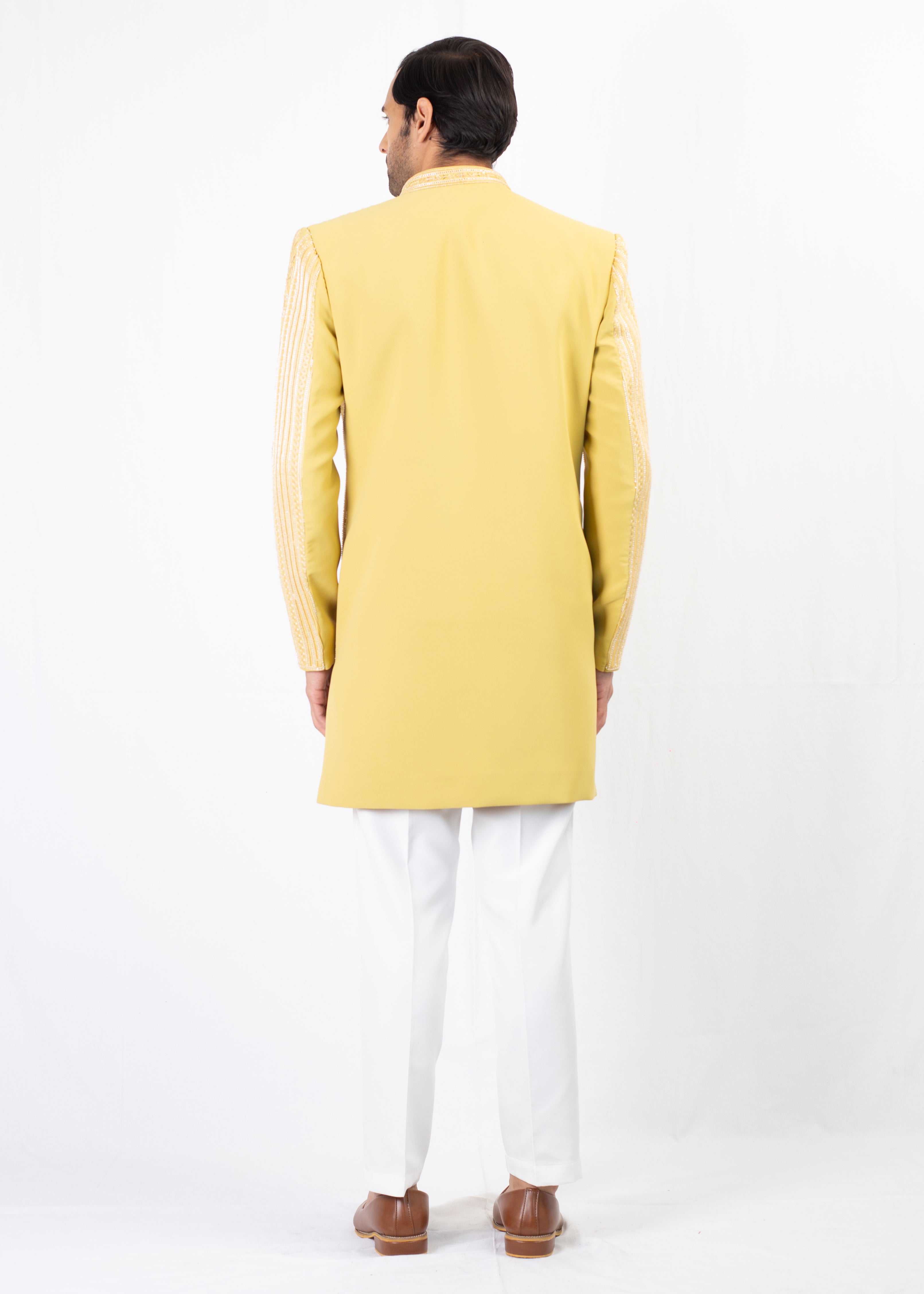 YELLOW EMBROIDERY SHERWANI & KURTA WITH WHITE TROUSER