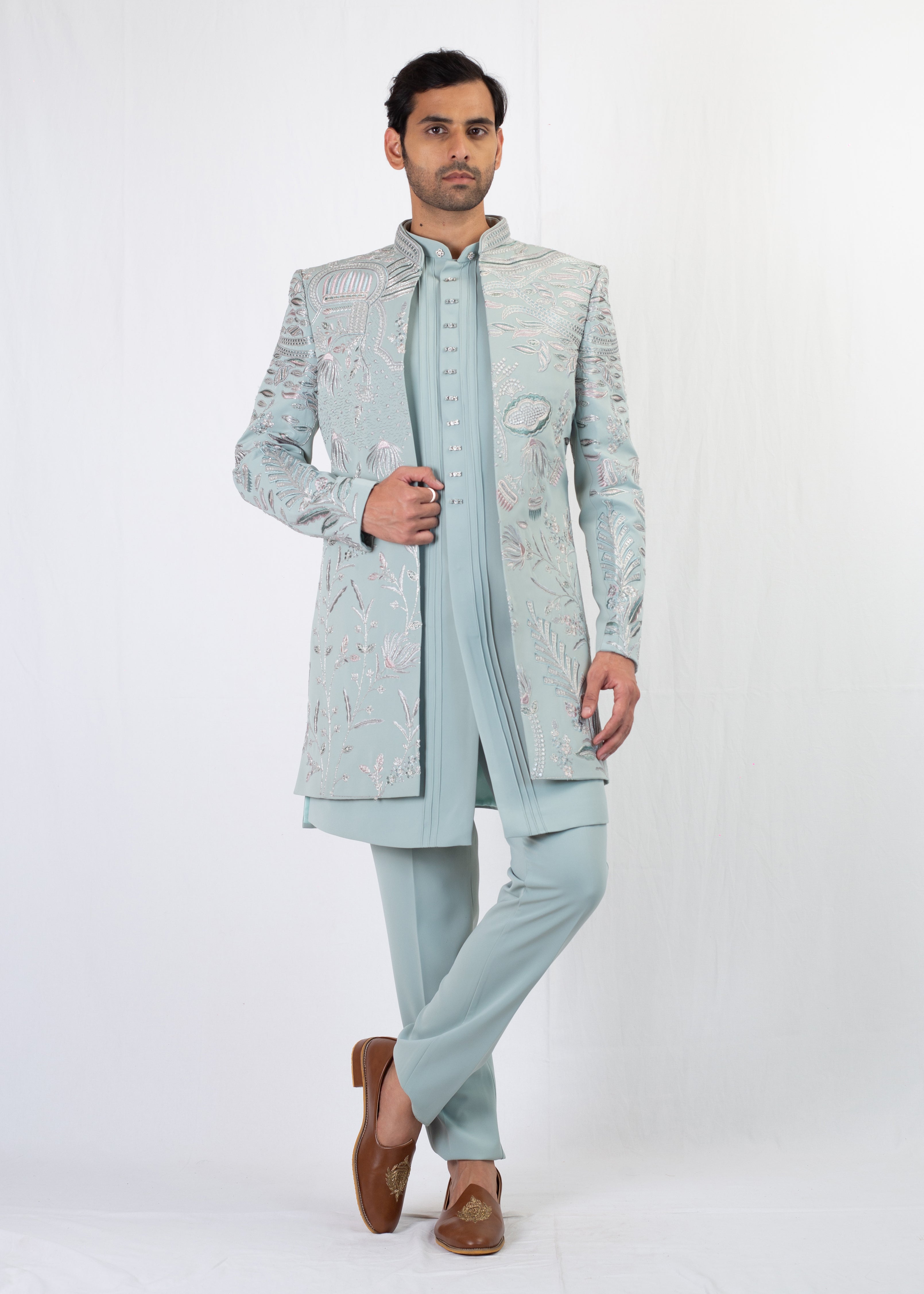 DUSTY BLUE EMBROIDEY SHERWANI WITH KURTA AND TROUSER