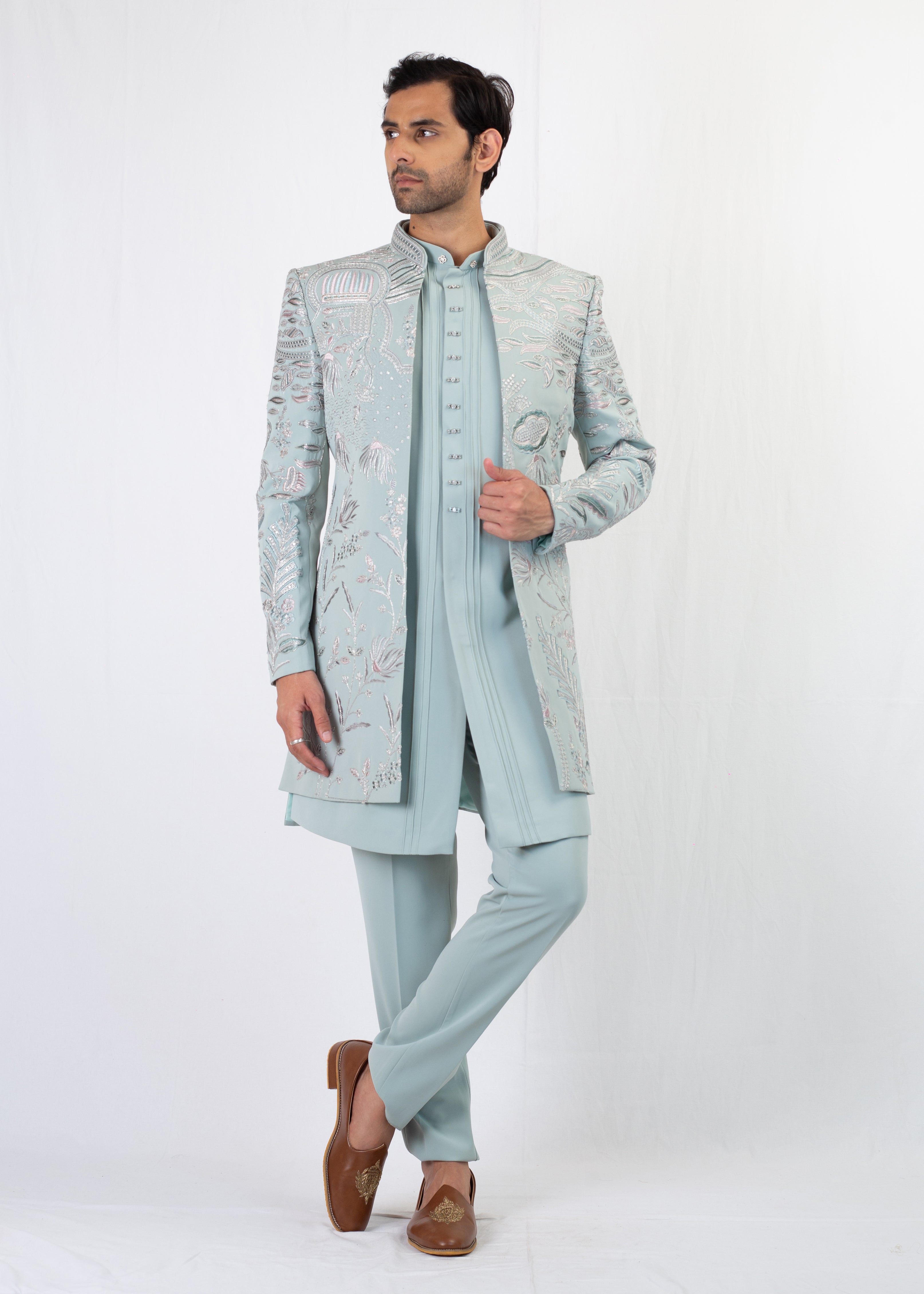 DUSTY BLUE EMBROIDEY SHERWANI WITH KURTA AND TROUSER