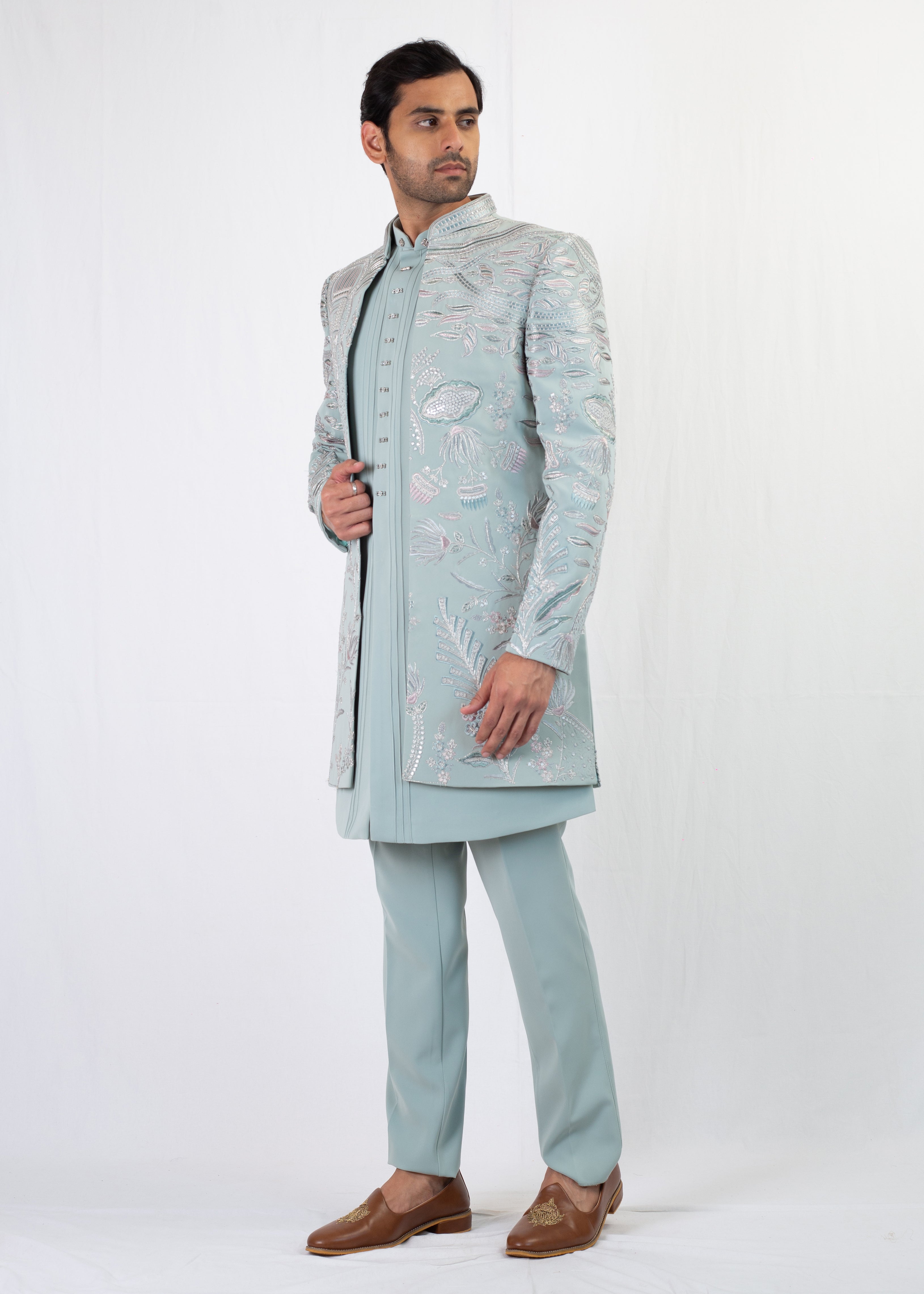 DUSTY BLUE EMBROIDEY SHERWANI WITH KURTA AND TROUSER