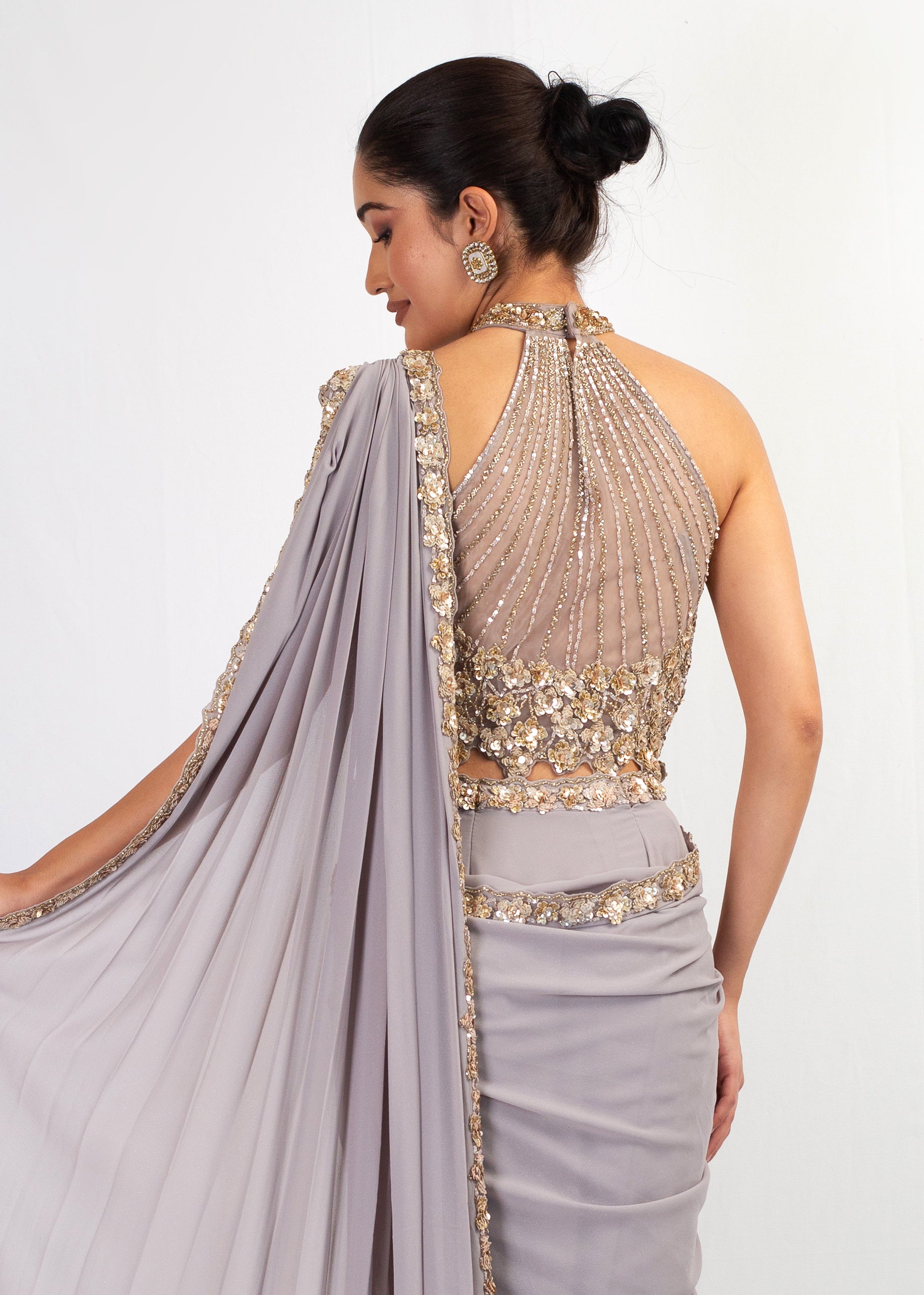 LIGHT GREY FOIL GEORGETTE STITCHED SAREE WITH EMBROIDERED TOP