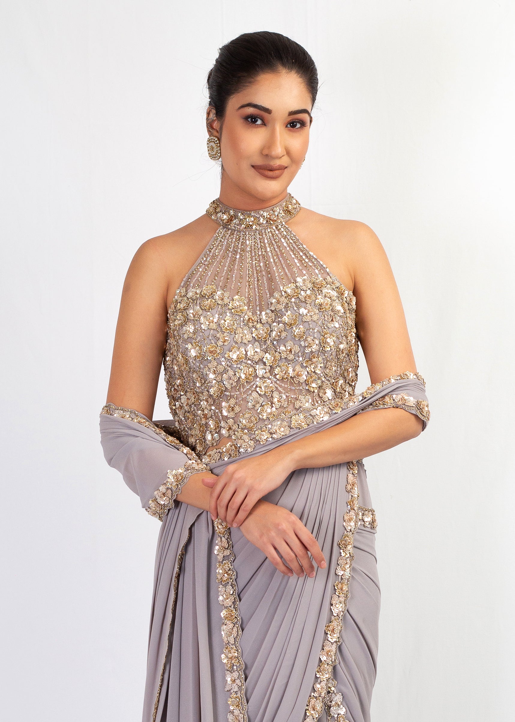 LIGHT GREY FOIL GEORGETTE STITCHED SAREE WITH EMBROIDERED TOP