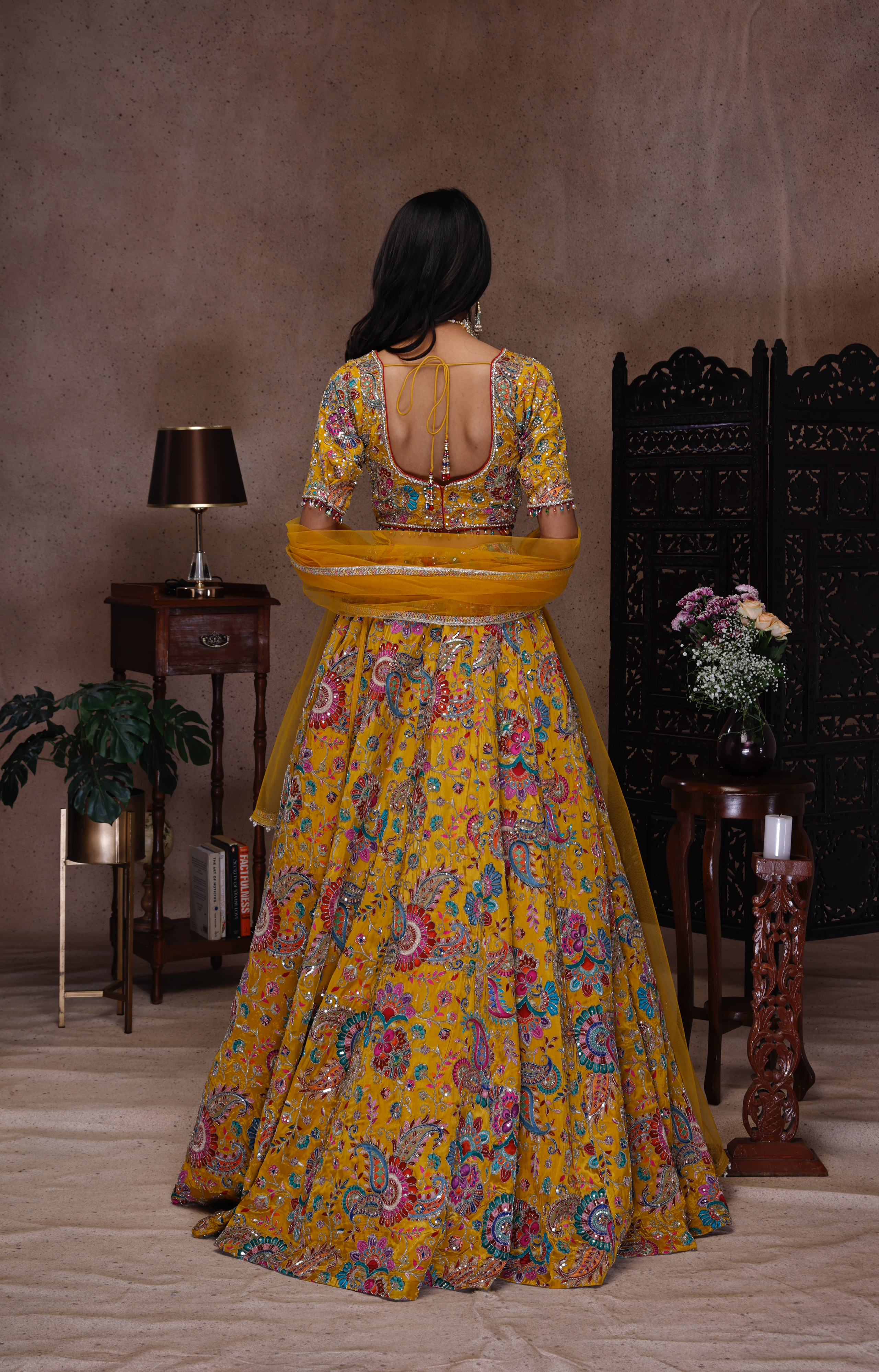 YELLOW EMBROIDERY LEHENGA AND TOP WITH NET DUPATTA
