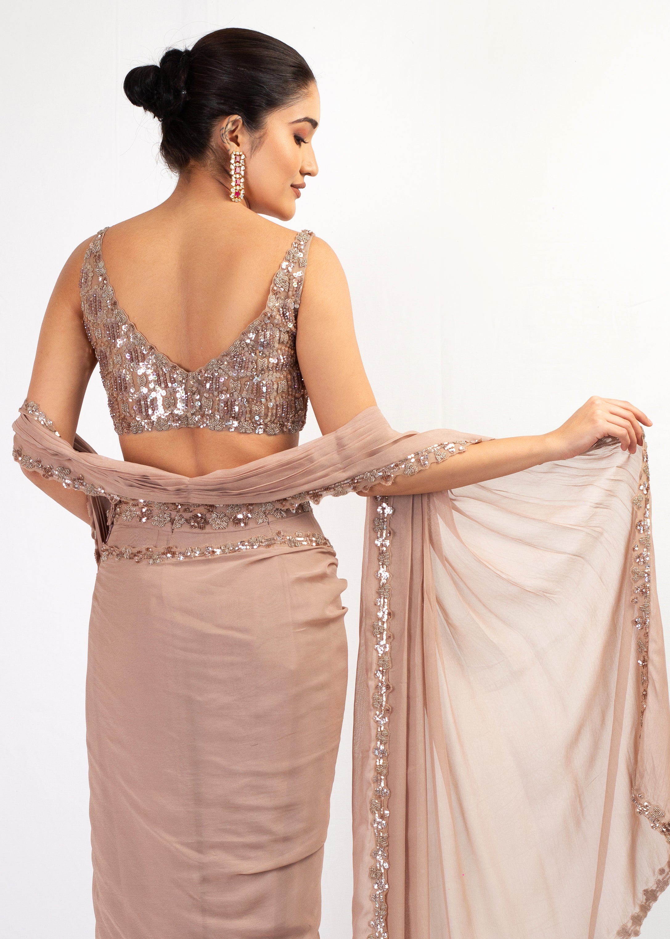 MOUSE GEORGETTE STITCHED SAREE WITH EMBROIDERED TOP