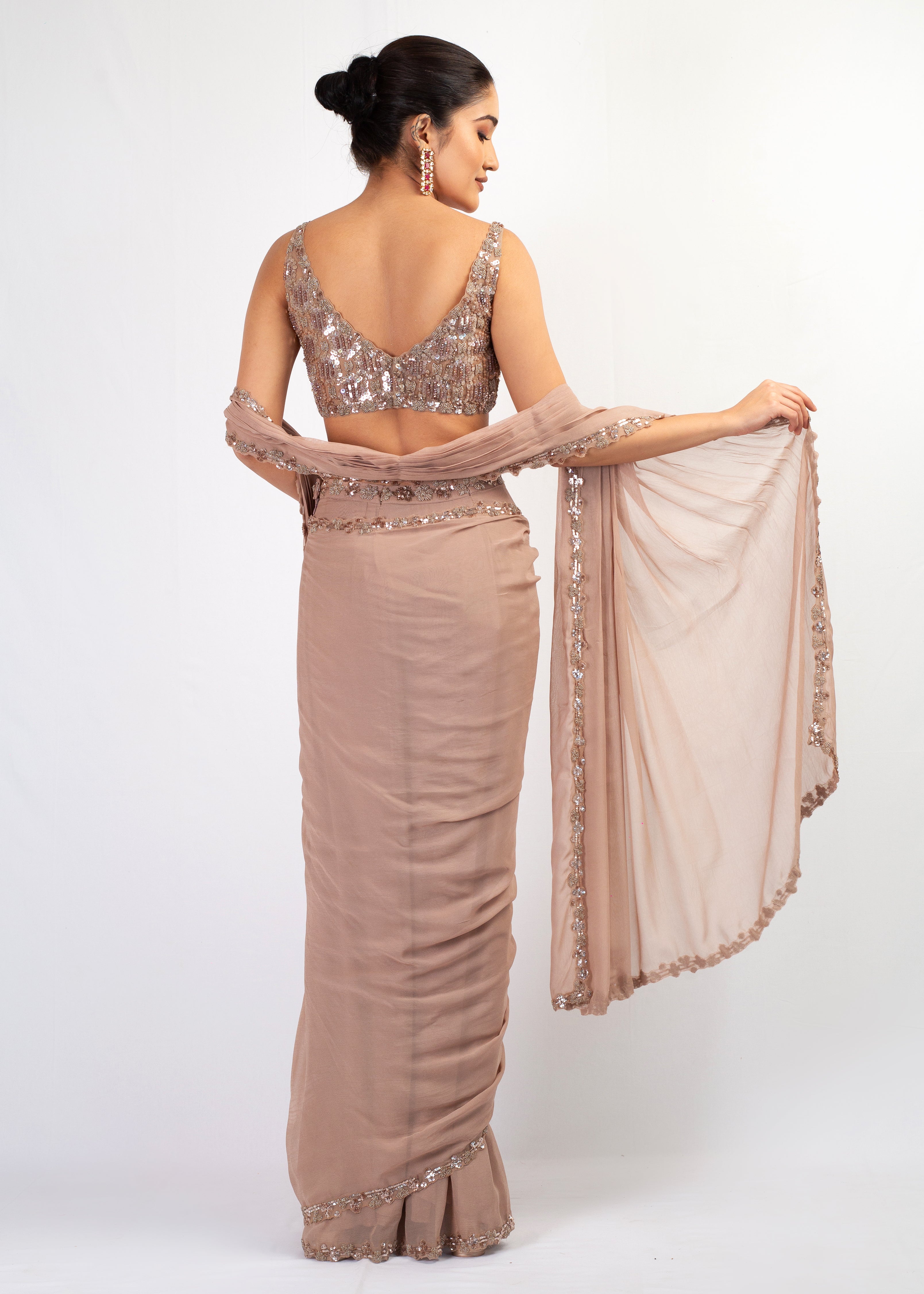 MOUSE GEORGETTE STITCHED SAREE WITH EMBROIDERED TOP