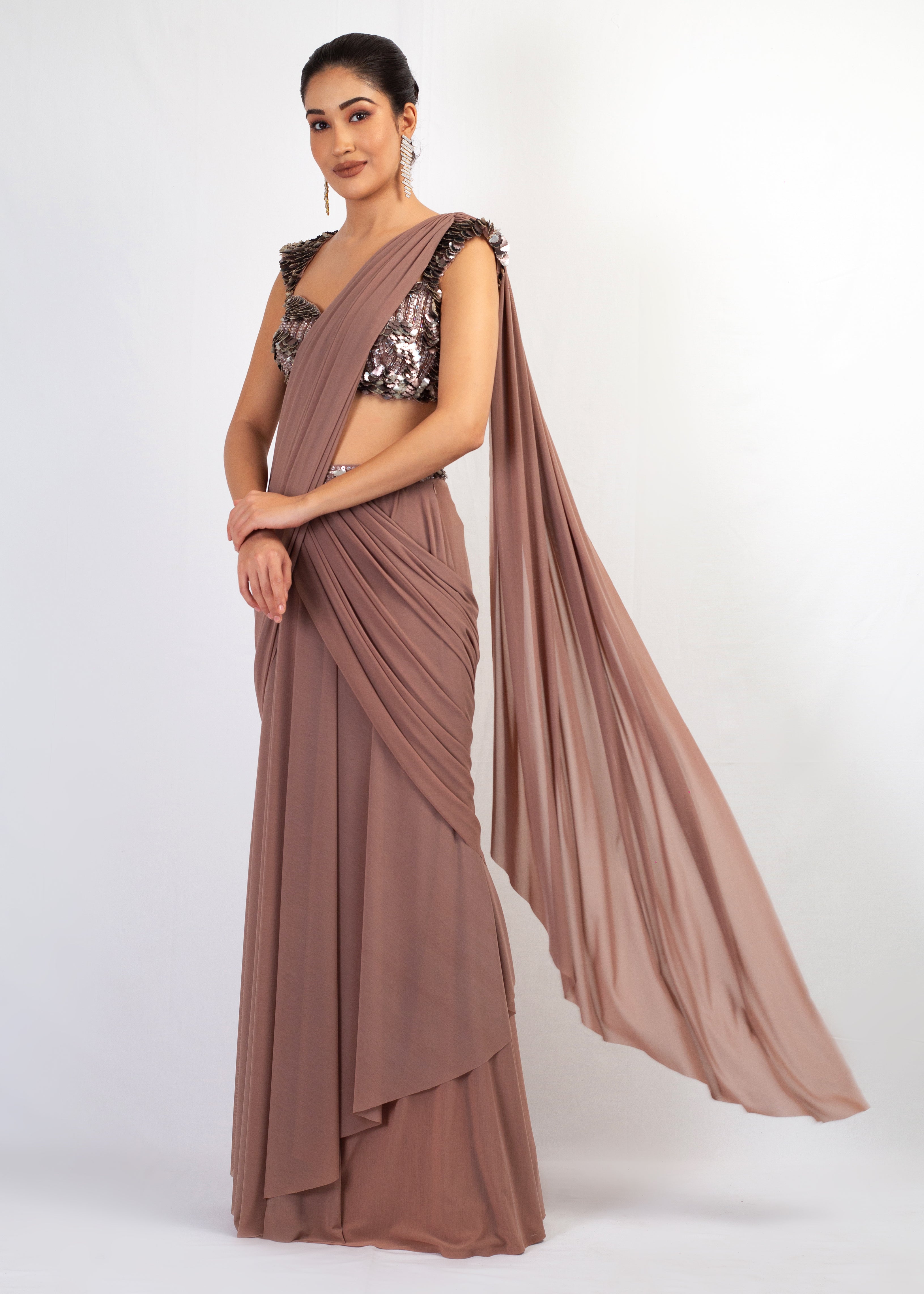 DARK NUDE GEORGETTE STITCHED SAREE WITH EMBROIDERED TOP