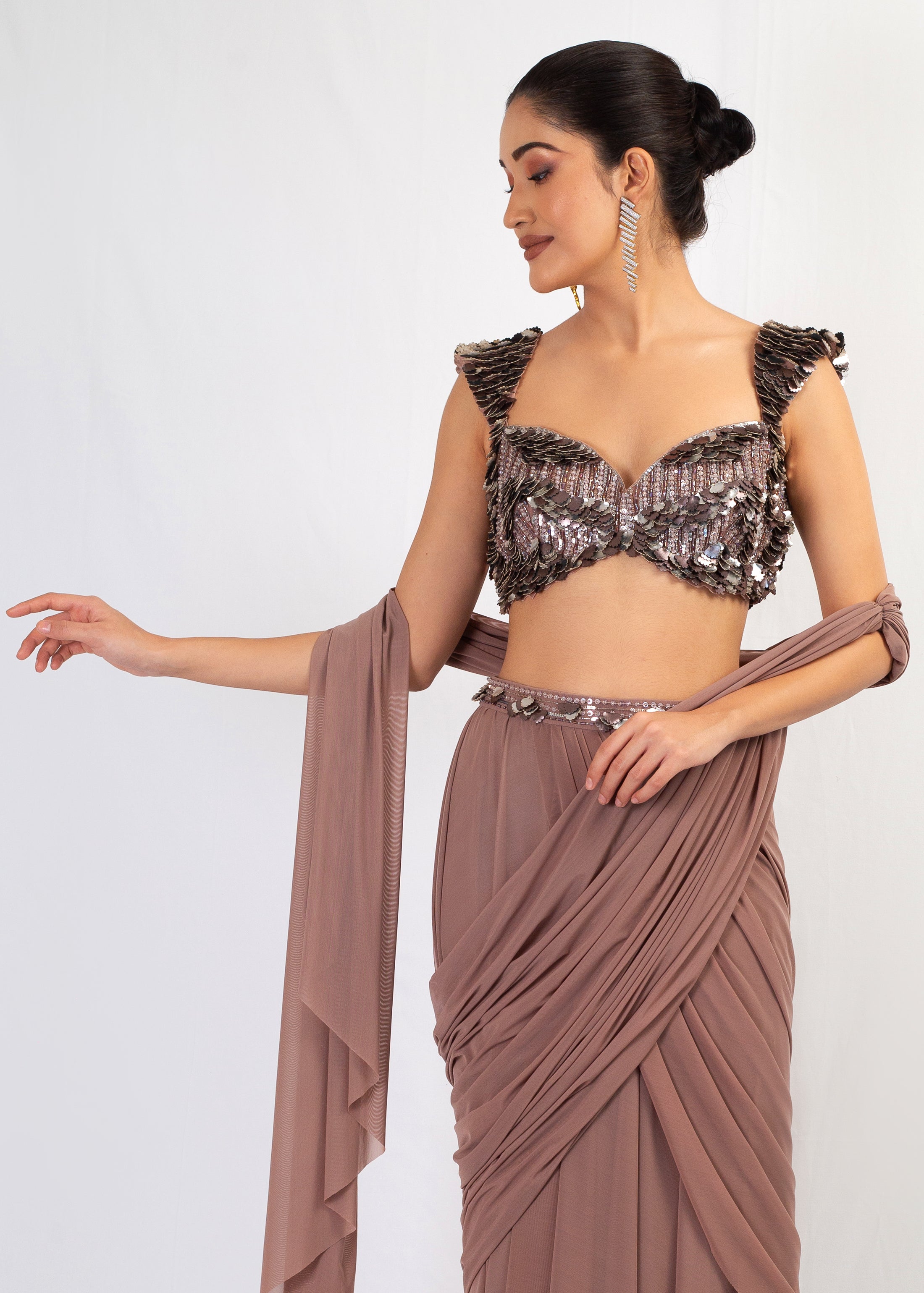 DARK NUDE GEORGETTE STITCHED SAREE WITH EMBROIDERED TOP