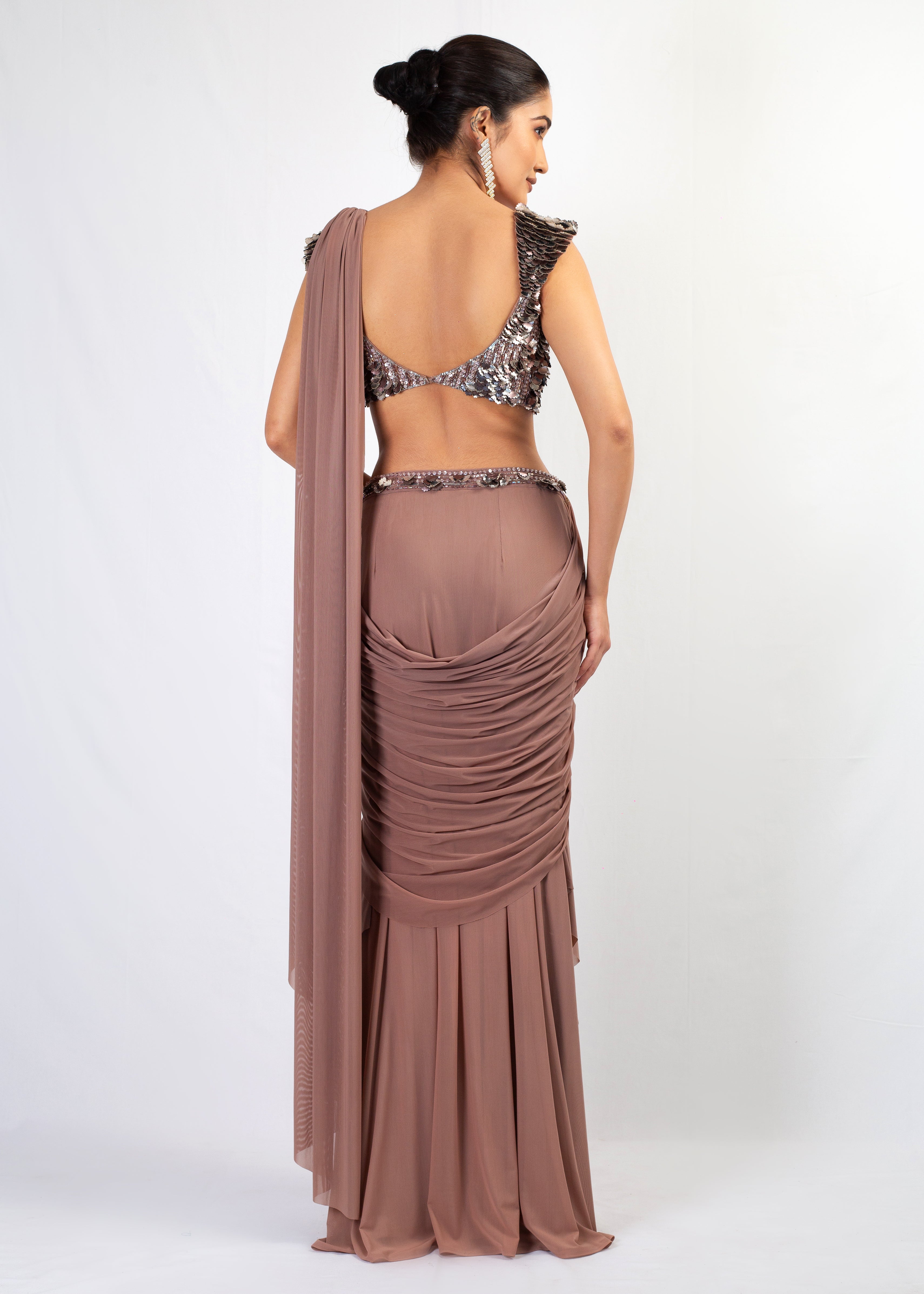 DARK NUDE GEORGETTE STITCHED SAREE WITH EMBROIDERED TOP