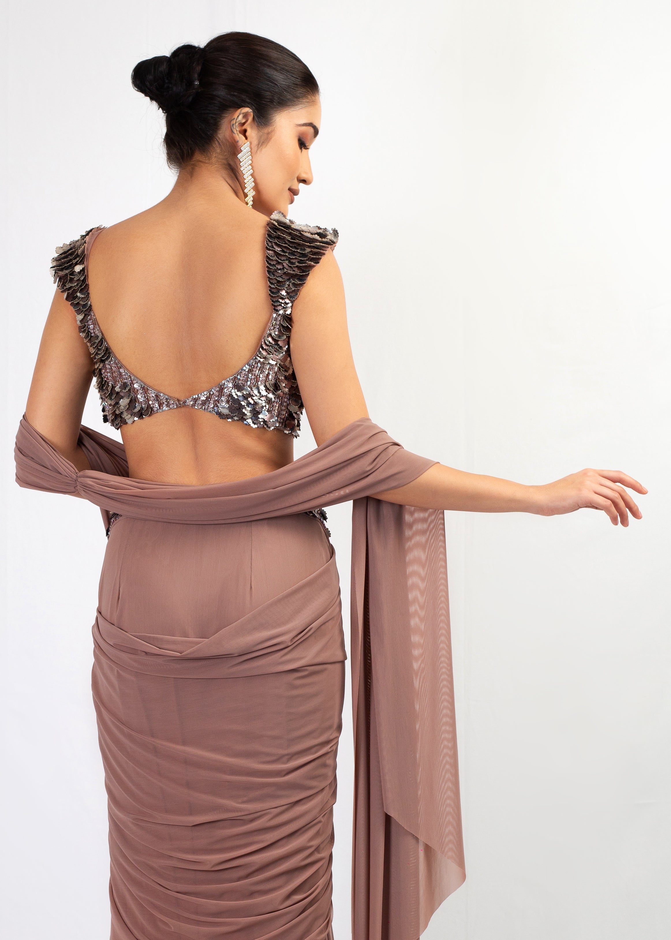 DARK NUDE GEORGETTE STITCHED SAREE WITH EMBROIDERED TOP