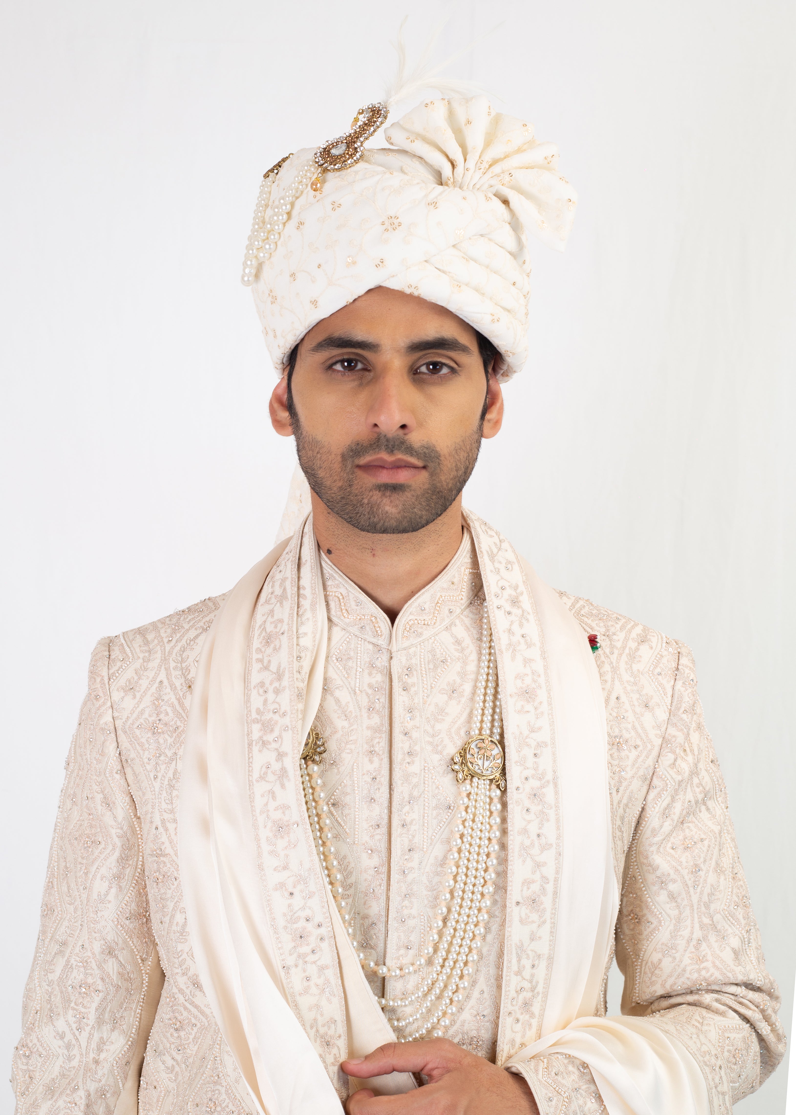 ELEGANT CREAM EMBROIDERY SHERWANI AND KURTA WITH TROUSER AND PALLA