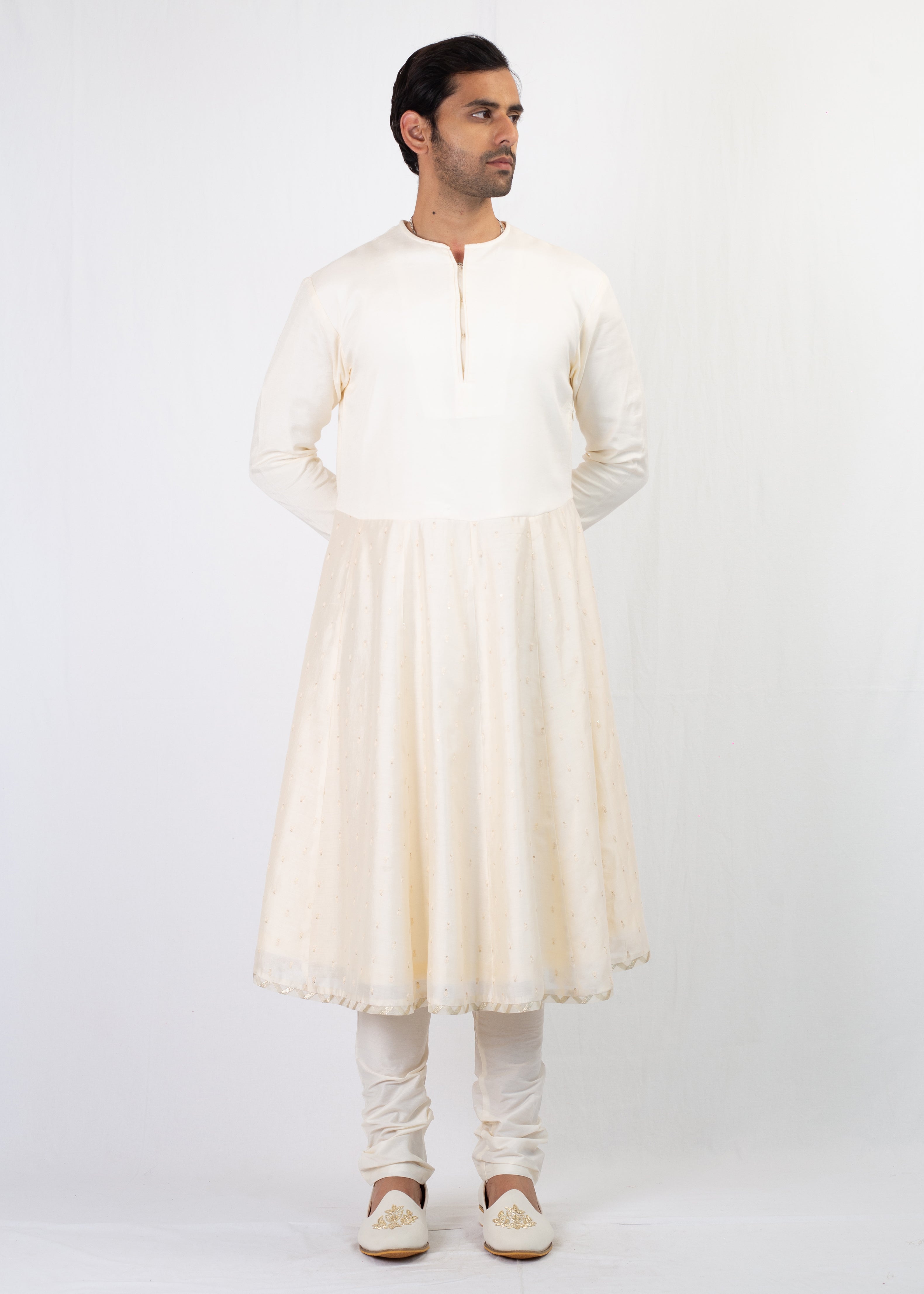 ELEGANT CREAM EMBROIDERY SHERWANI AND KURTA WITH TROUSER AND PALLA