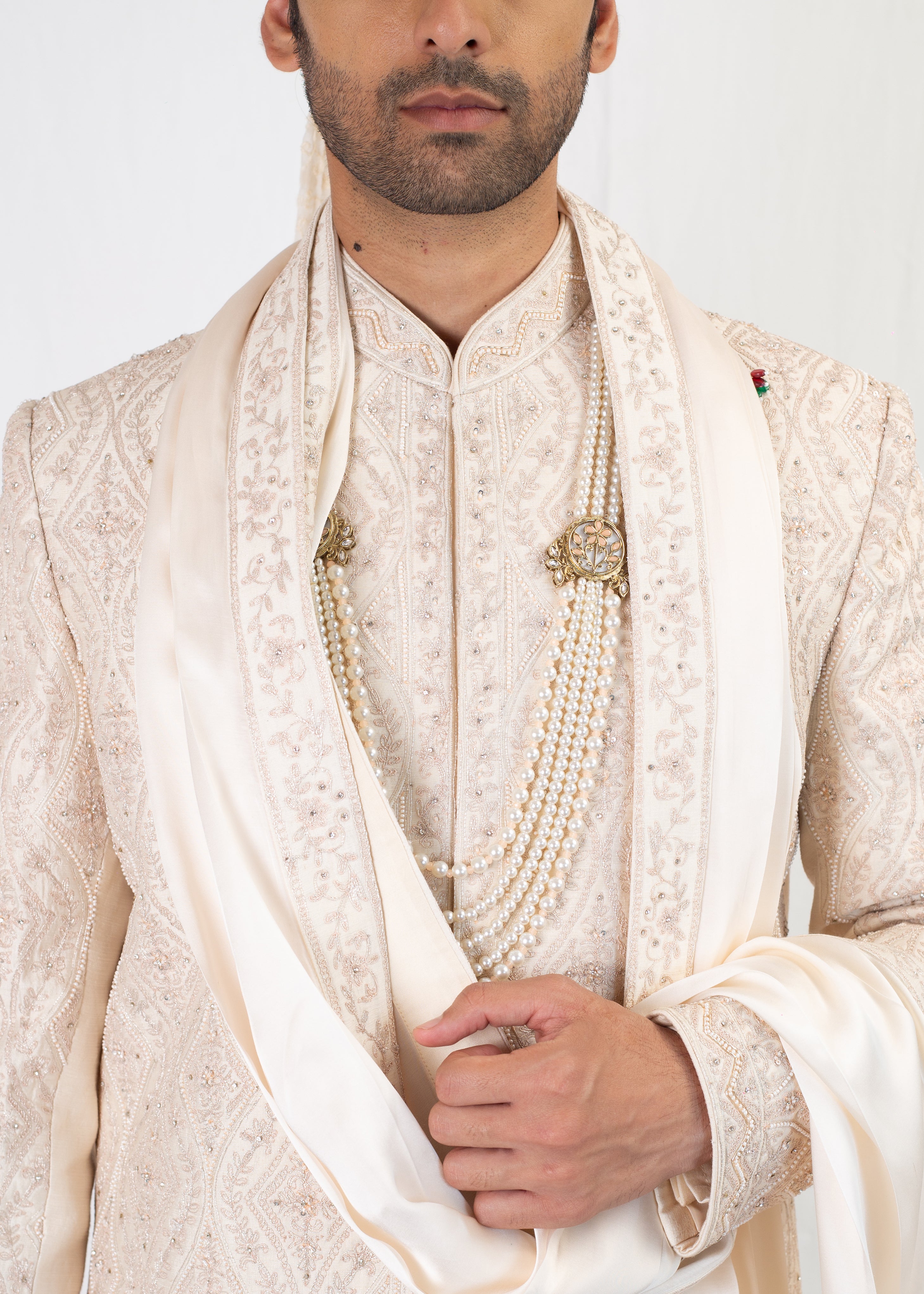ELEGANT CREAM EMBROIDERY SHERWANI AND KURTA WITH TROUSER AND PALLA