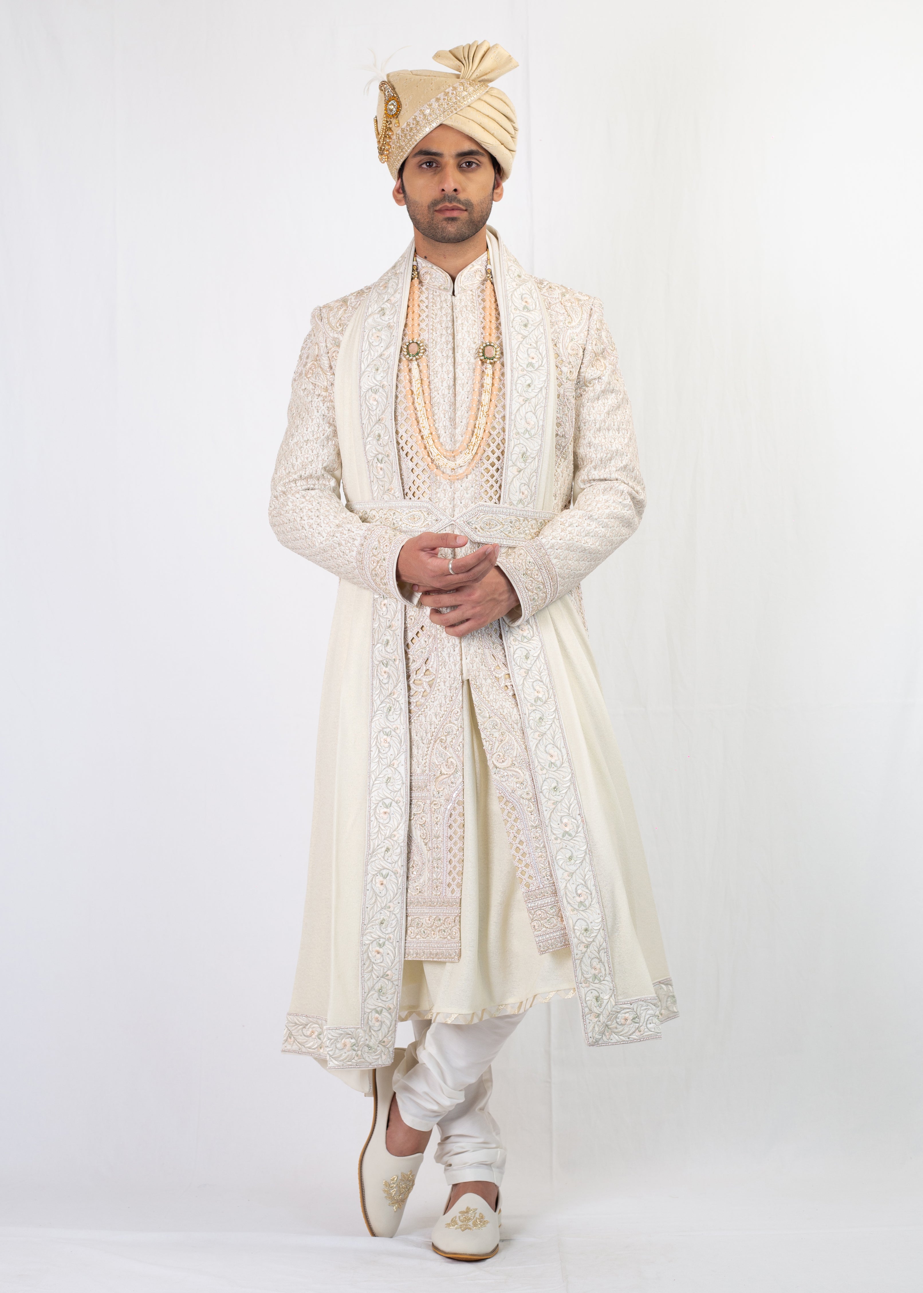 IVORY BRIDAL EMBROIDERY SHERWANI BALA TROUSER WITH STOLE TURBAN & MALA