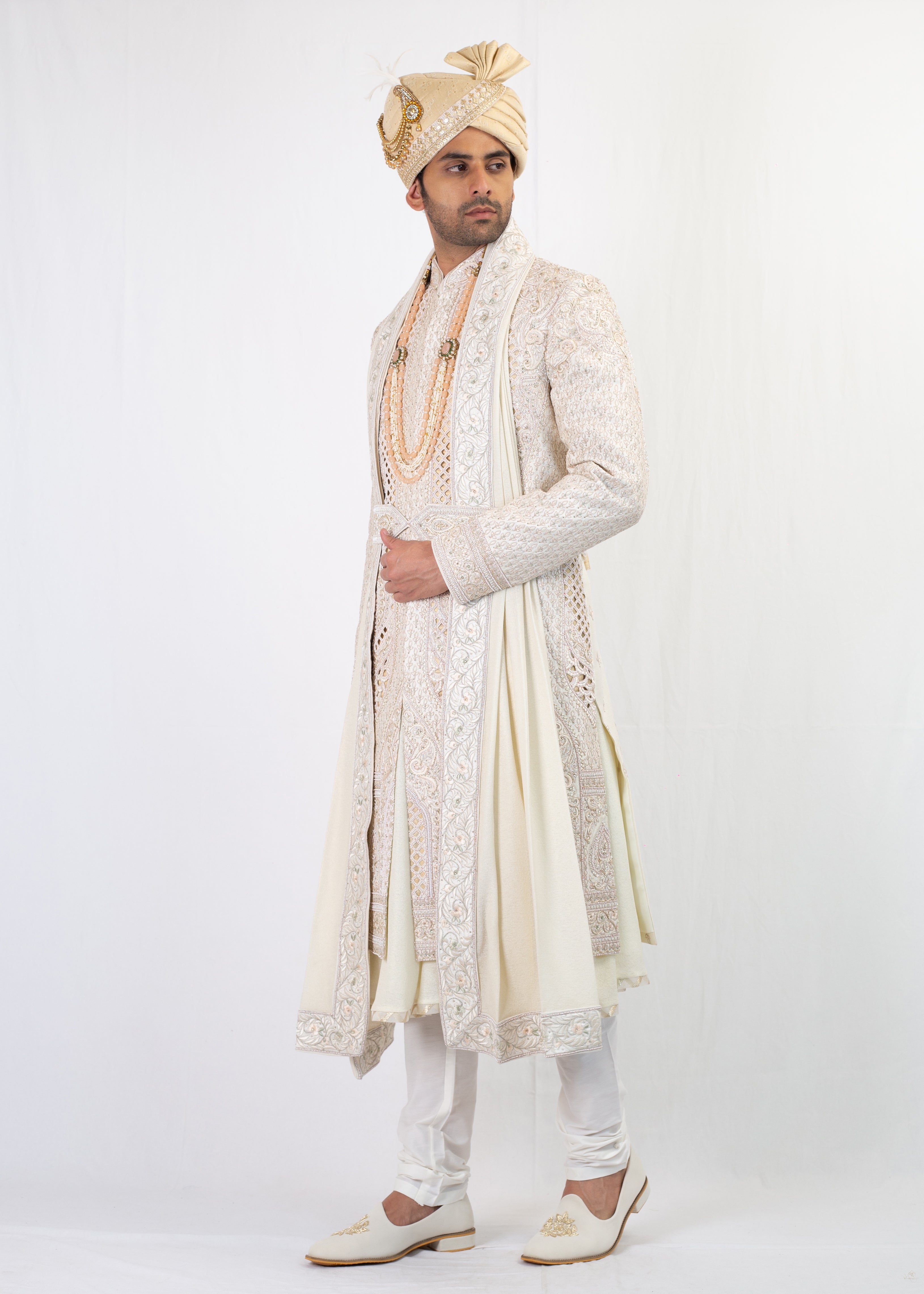 IVORY BRIDAL EMBROIDERY SHERWANI BALA TROUSER WITH STOLE TURBAN & MALA