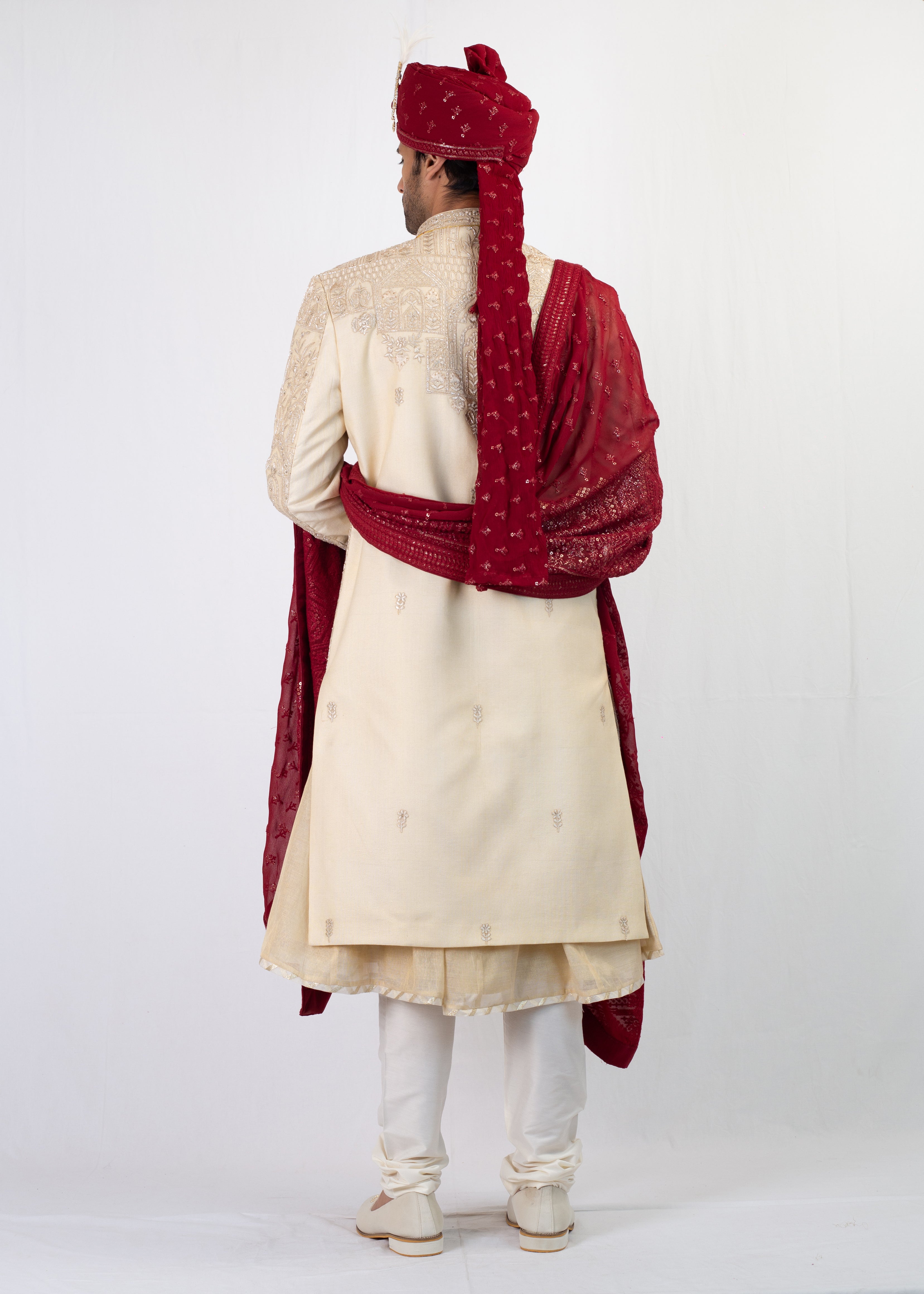 LIGHT GOLD EMBROIDERY SHERWANI AND KURTA WITH TROUSER