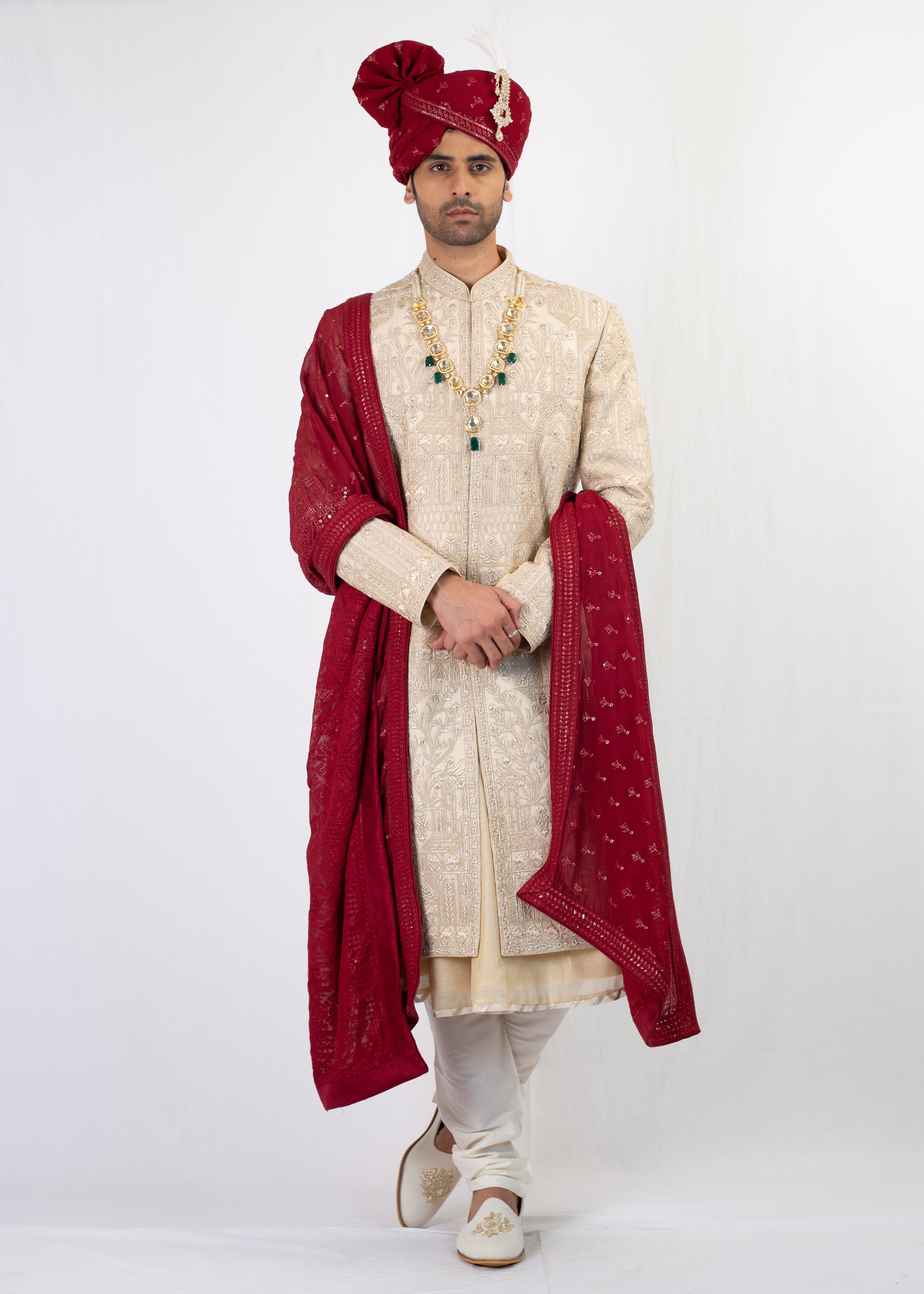 LIGHT GOLD EMBROIDERY SHERWANI AND KURTA WITH TROUSER