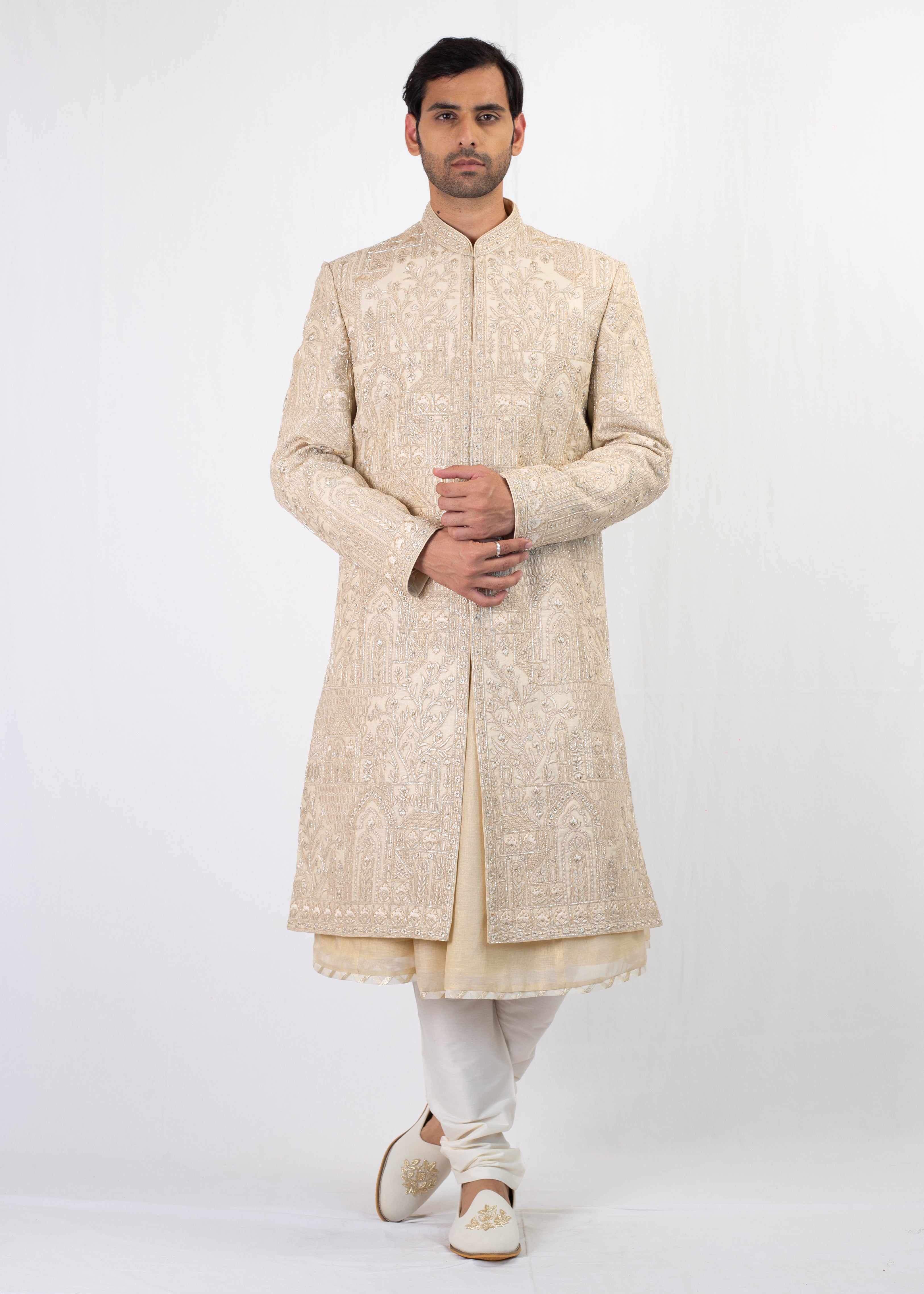 LIGHT GOLD EMBROIDERY SHERWANI AND KURTA WITH TROUSER