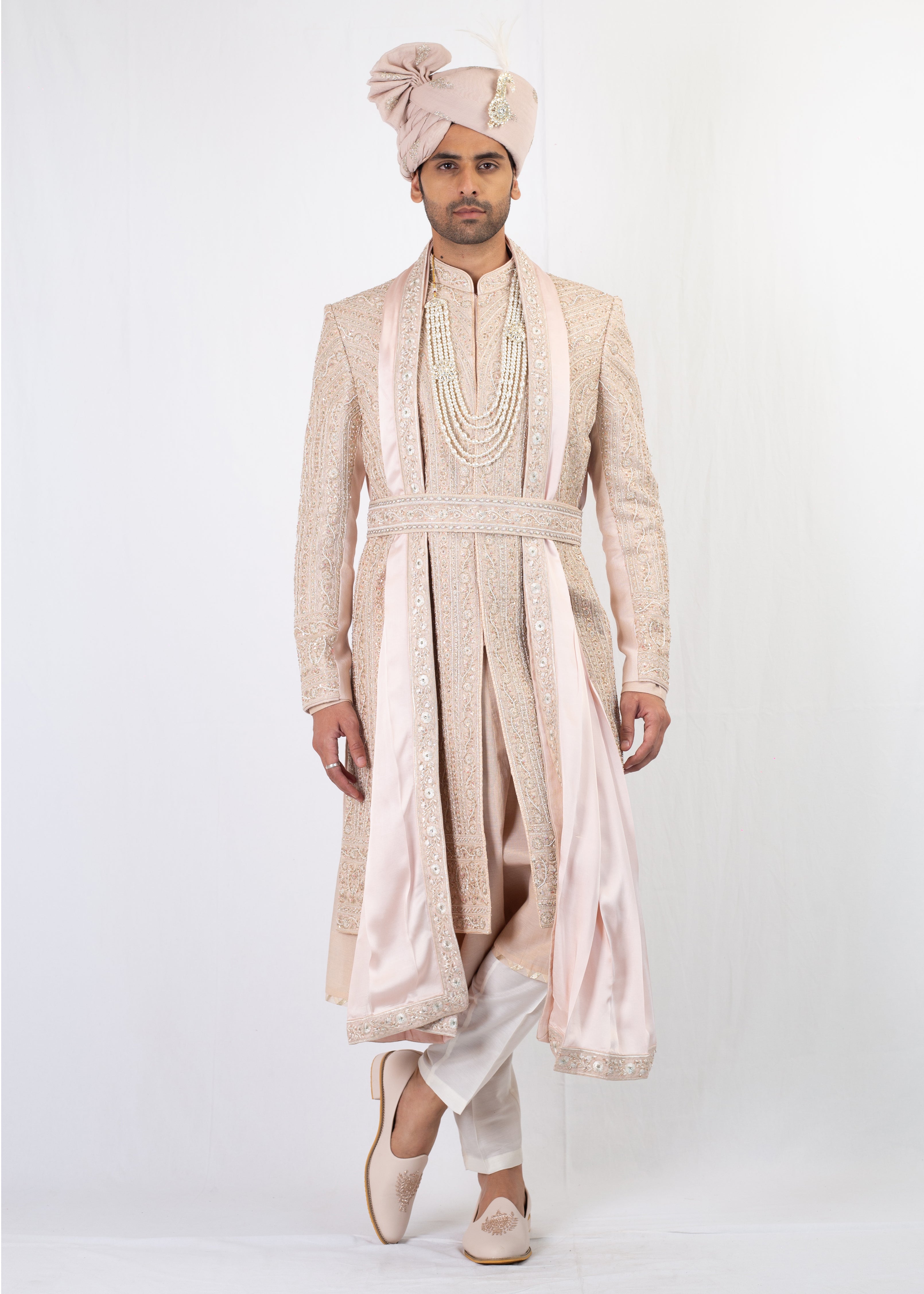 BABY PINK ELEGANT EMBROIDERY SHERWANI AND BALA WITH BELT AND TROUSER
